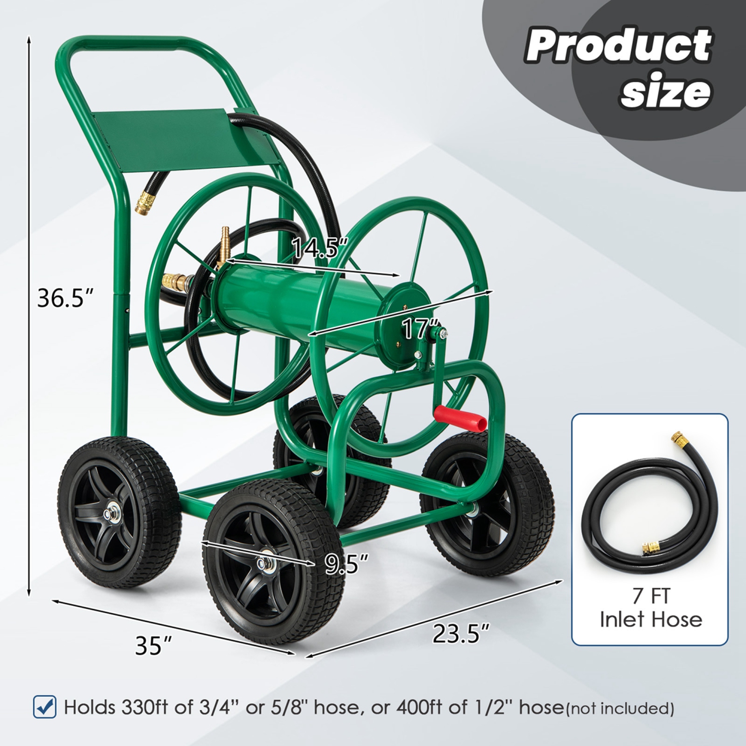 Costway Garden Hose Reel Cart Holds 330ft of 3/4"or 5/8" Hose 400ft of 1/2" Hose Green