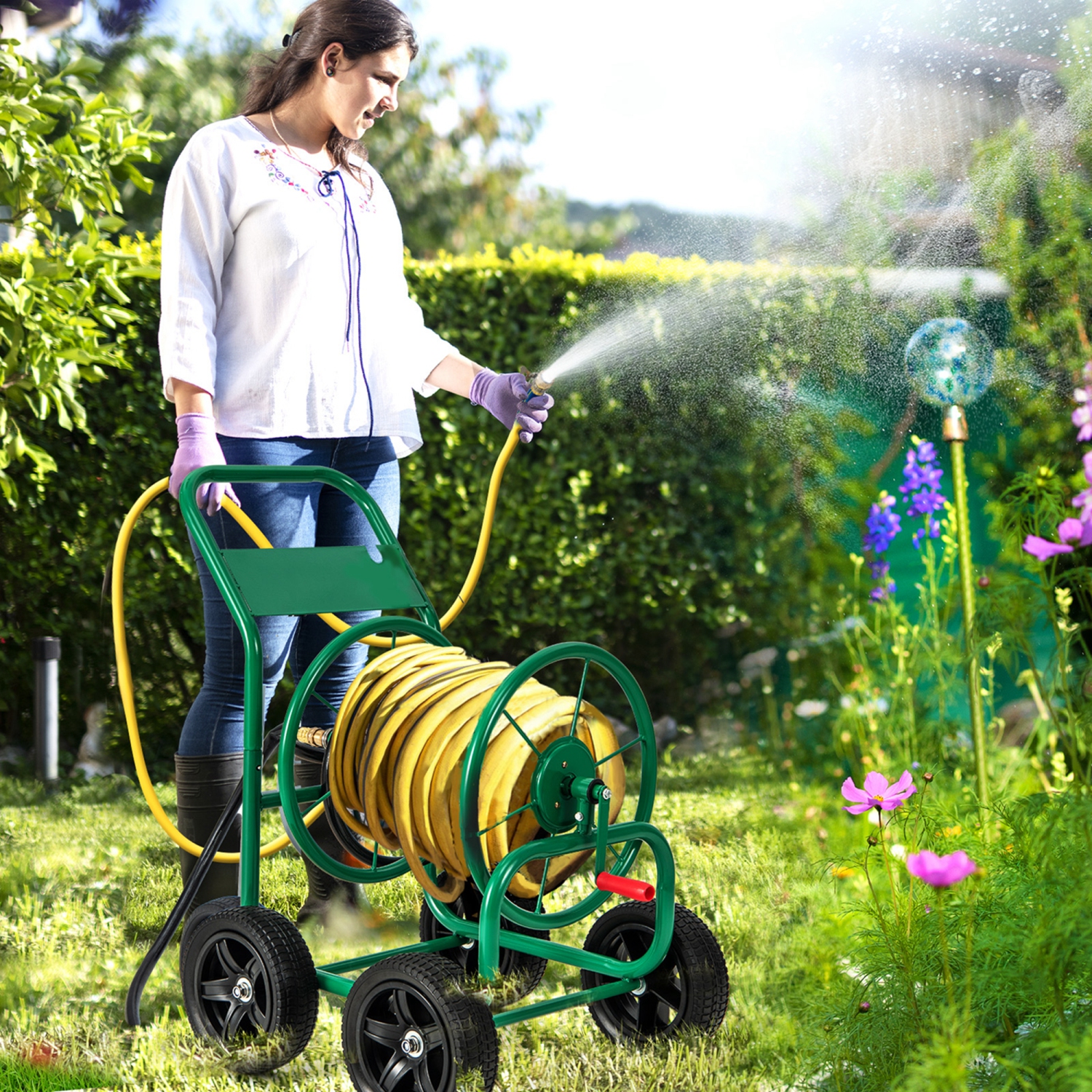 Costway Garden Hose Reel Cart Holds 330ft of 3/4"or 5/8" Hose 400ft of 1/2" Hose Green