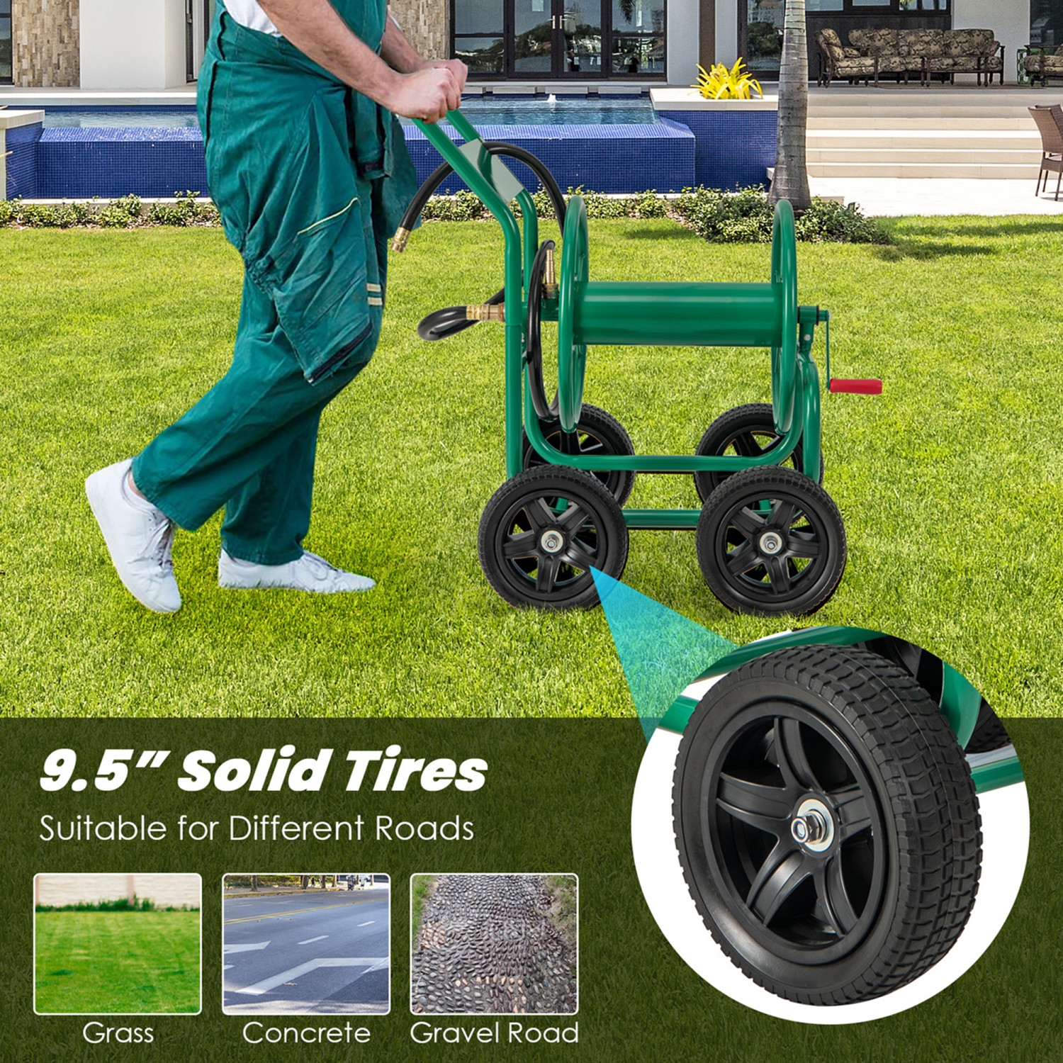 Costway Garden Hose Reel Cart Holds 330ft of 3/4"or 5/8" Hose 400ft of 1/2" Hose Green