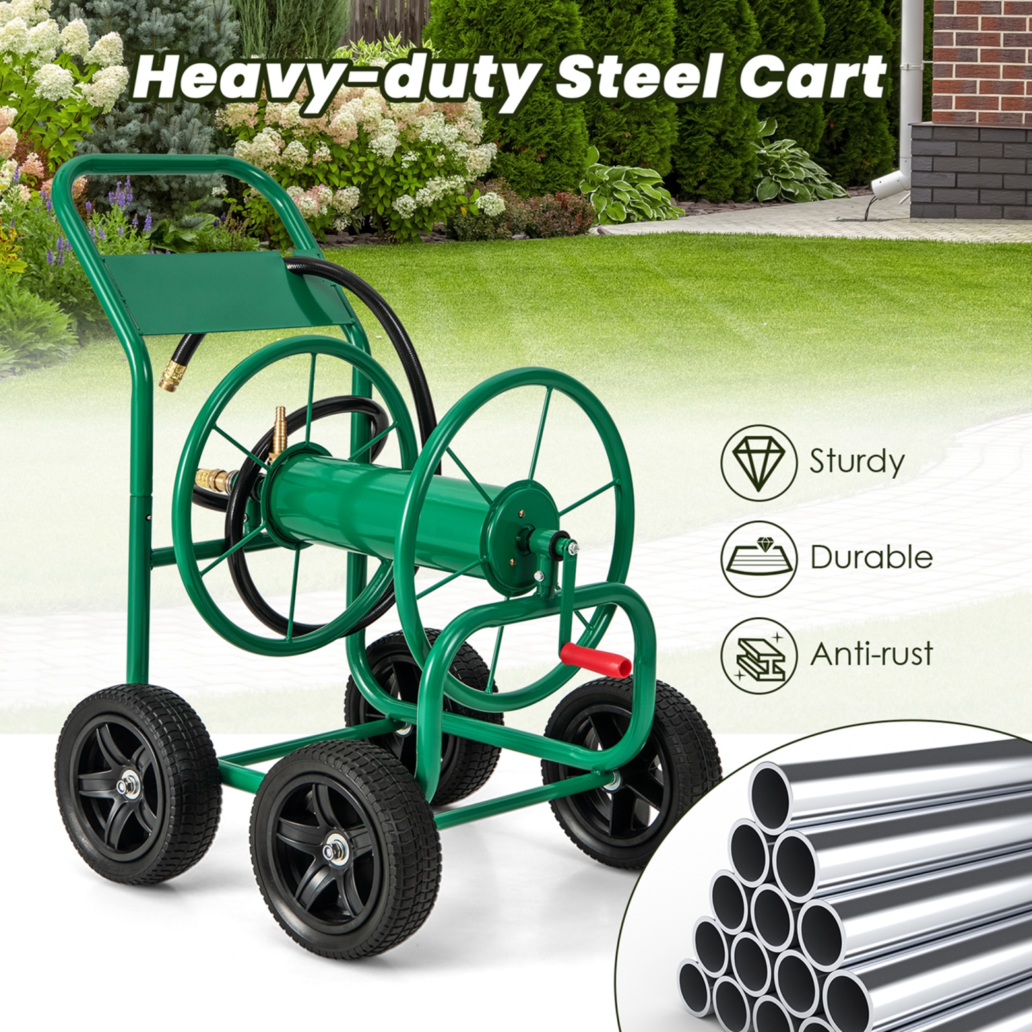 Costway Garden Hose Reel Cart Holds 330ft of 3/4"or 5/8" Hose 400ft of 1/2" Hose Green
