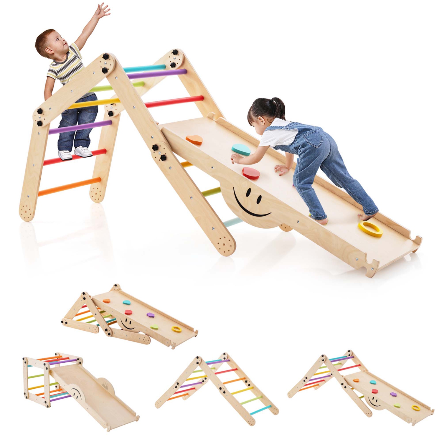 Costway Wooden Climbing Toys for Toddlers Jungle Gym with Reversible Ramp, Seesaw, Climber