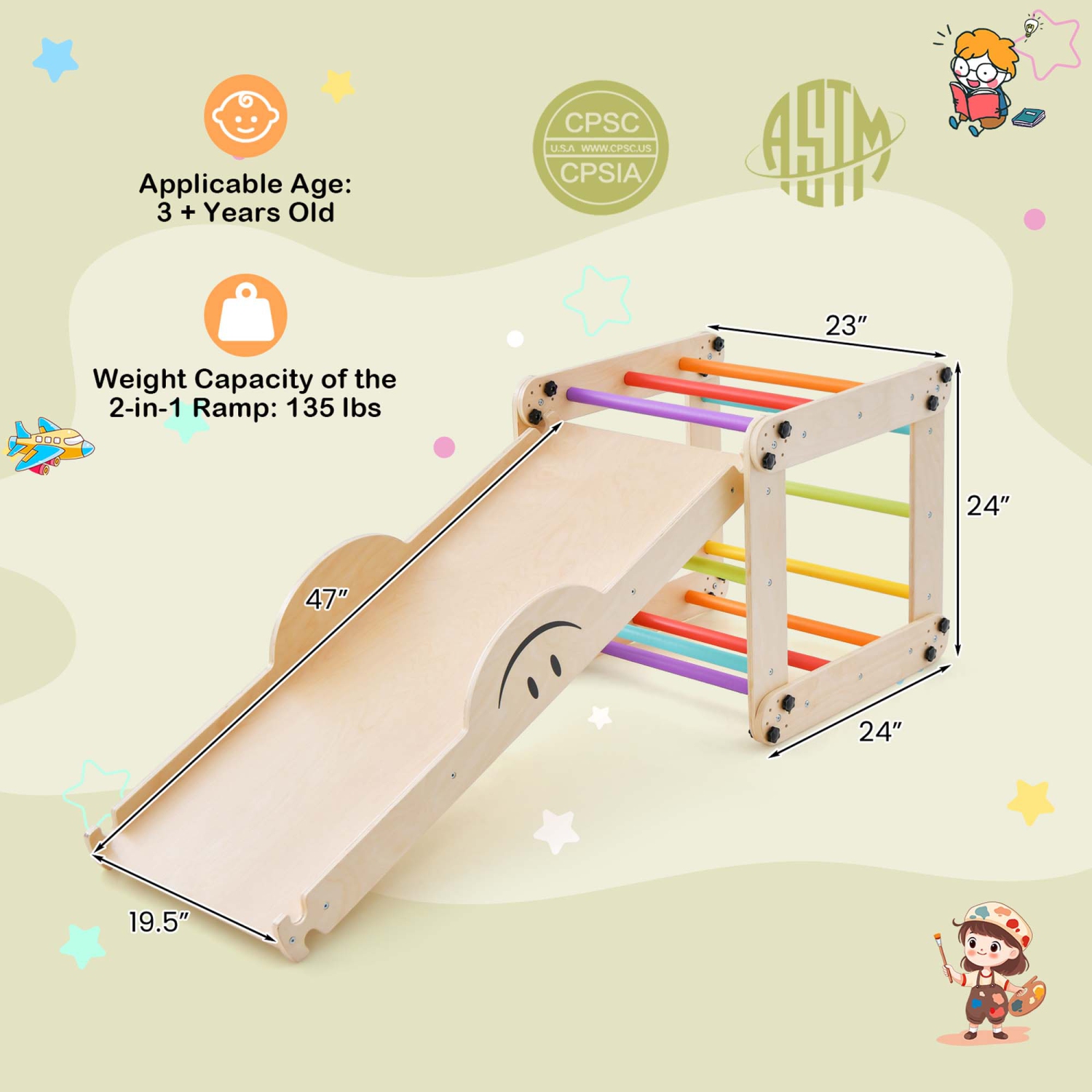 Costway Wooden Climbing Toys for Toddlers Jungle Gym with Reversible Ramp, Seesaw, Climber