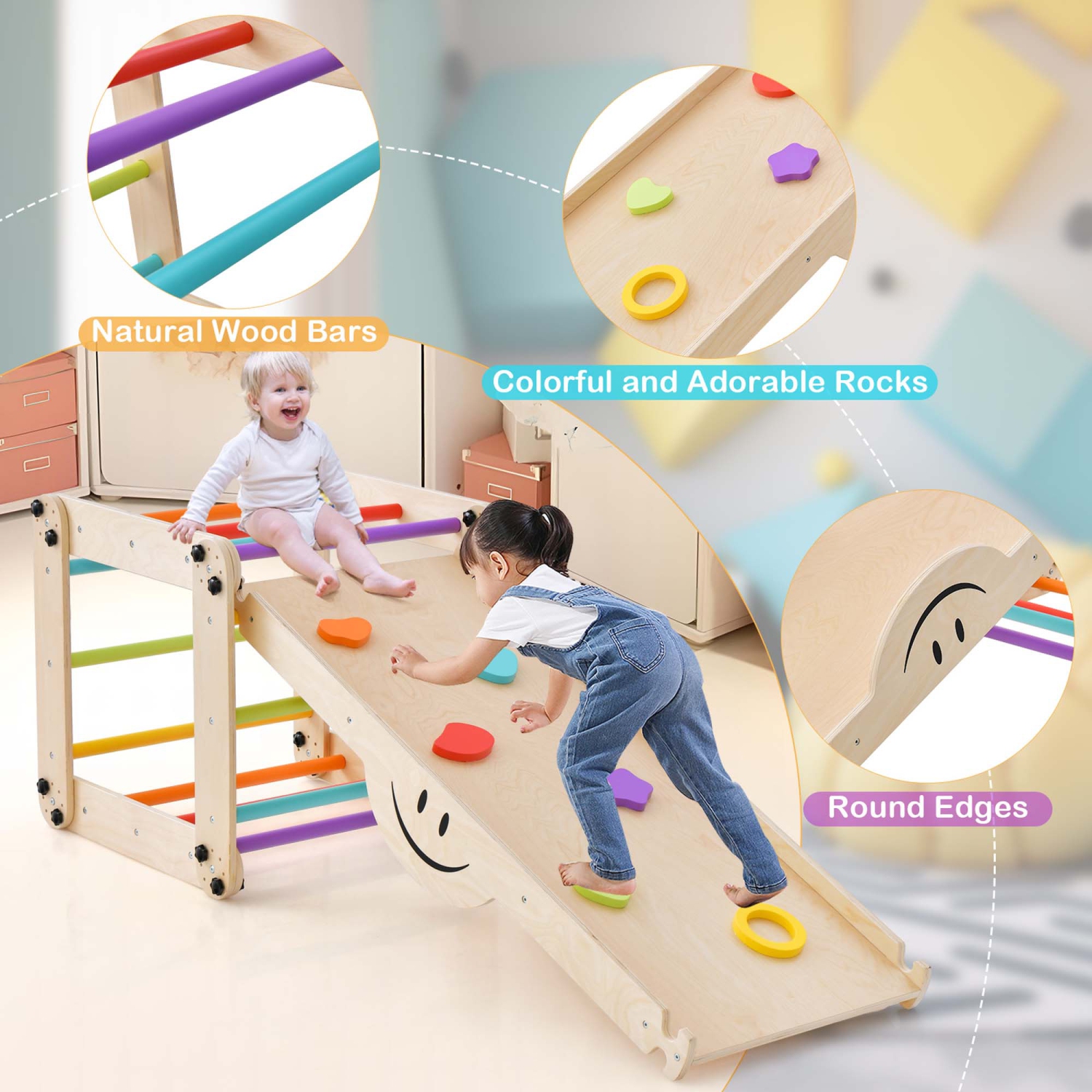 Costway Wooden Climbing Toys for Toddlers Jungle Gym with Reversible Ramp, Seesaw, Climber