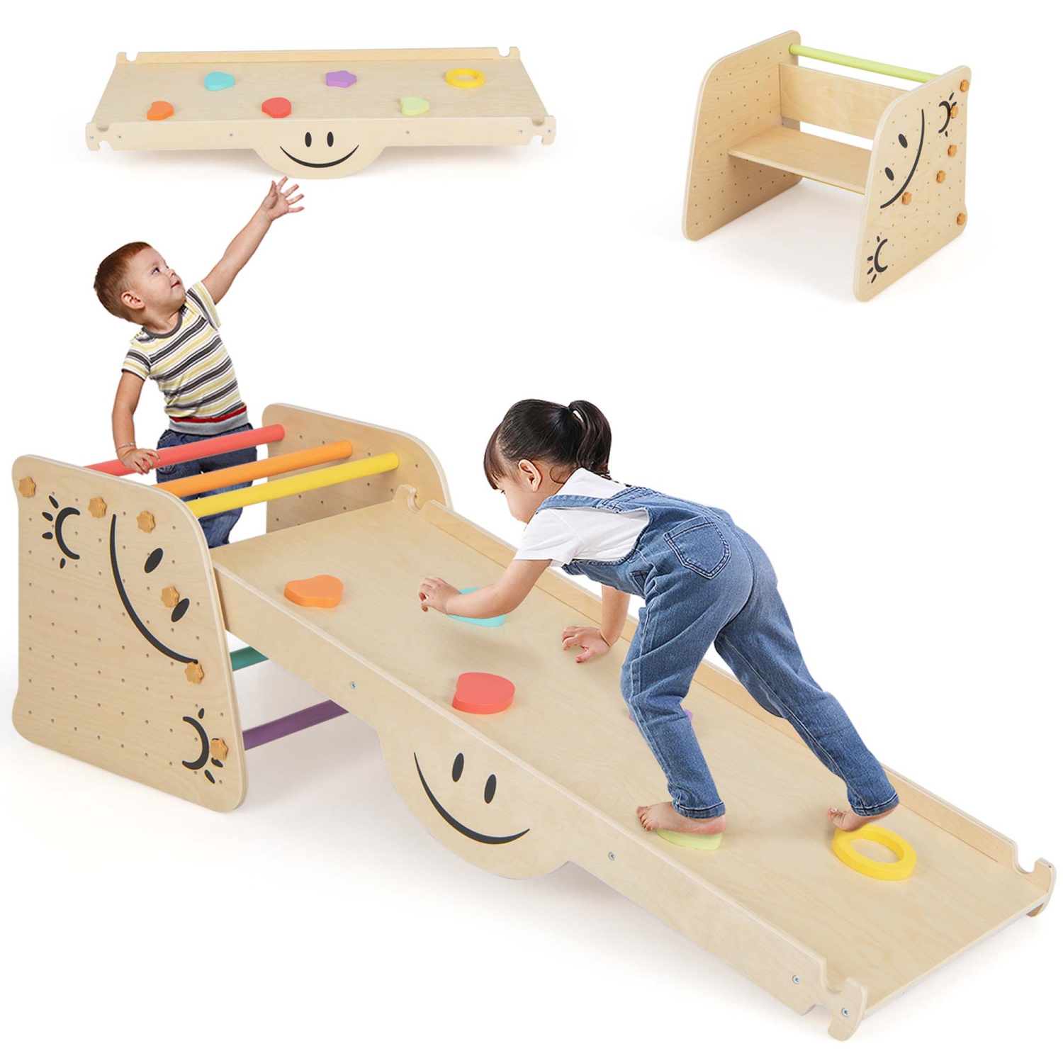 Ensemble de 2 jouets d'escalade en bois avec rampe intérieure double face de Costway