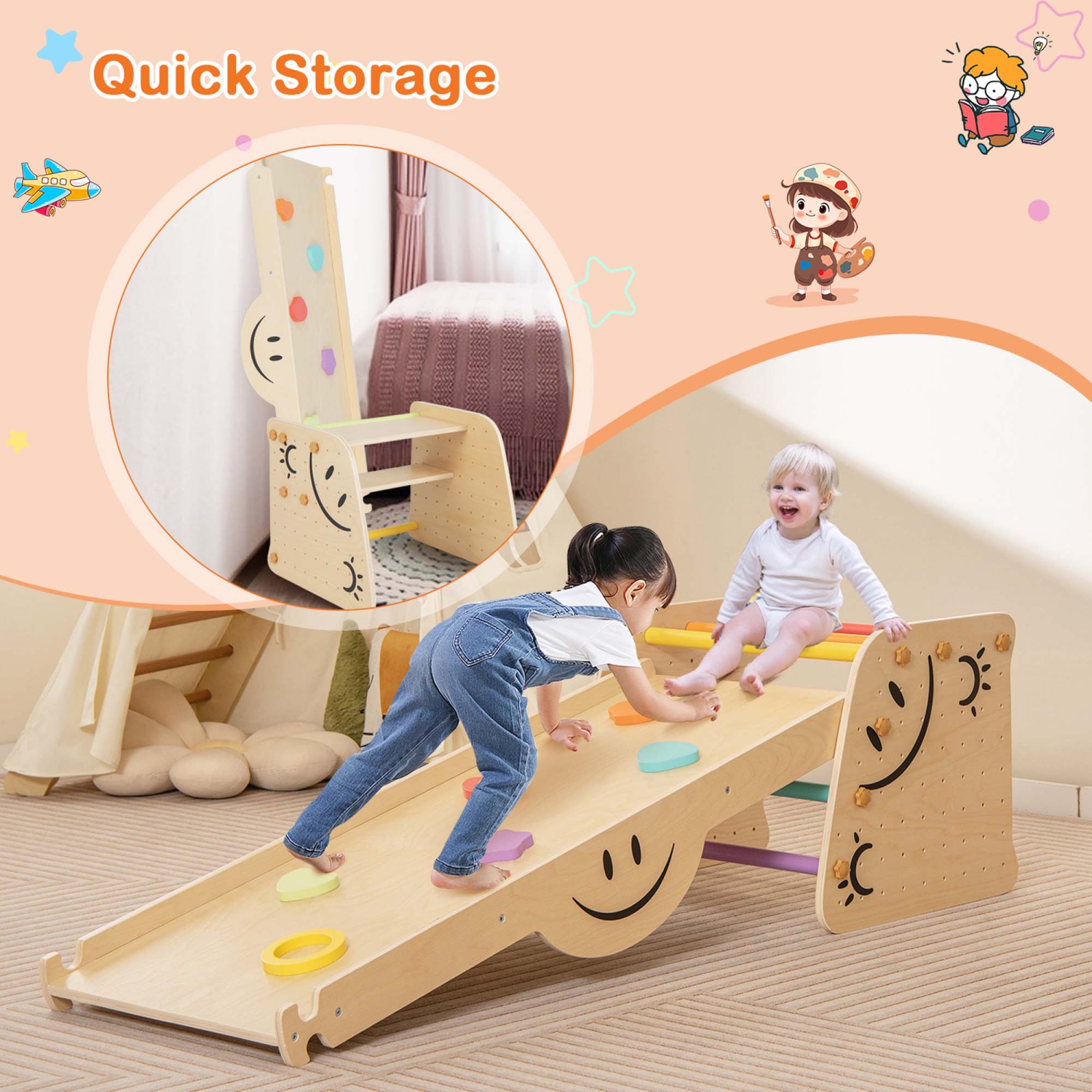 Ensemble de 2 jouets d'escalade en bois avec rampe intérieure double face de Costway