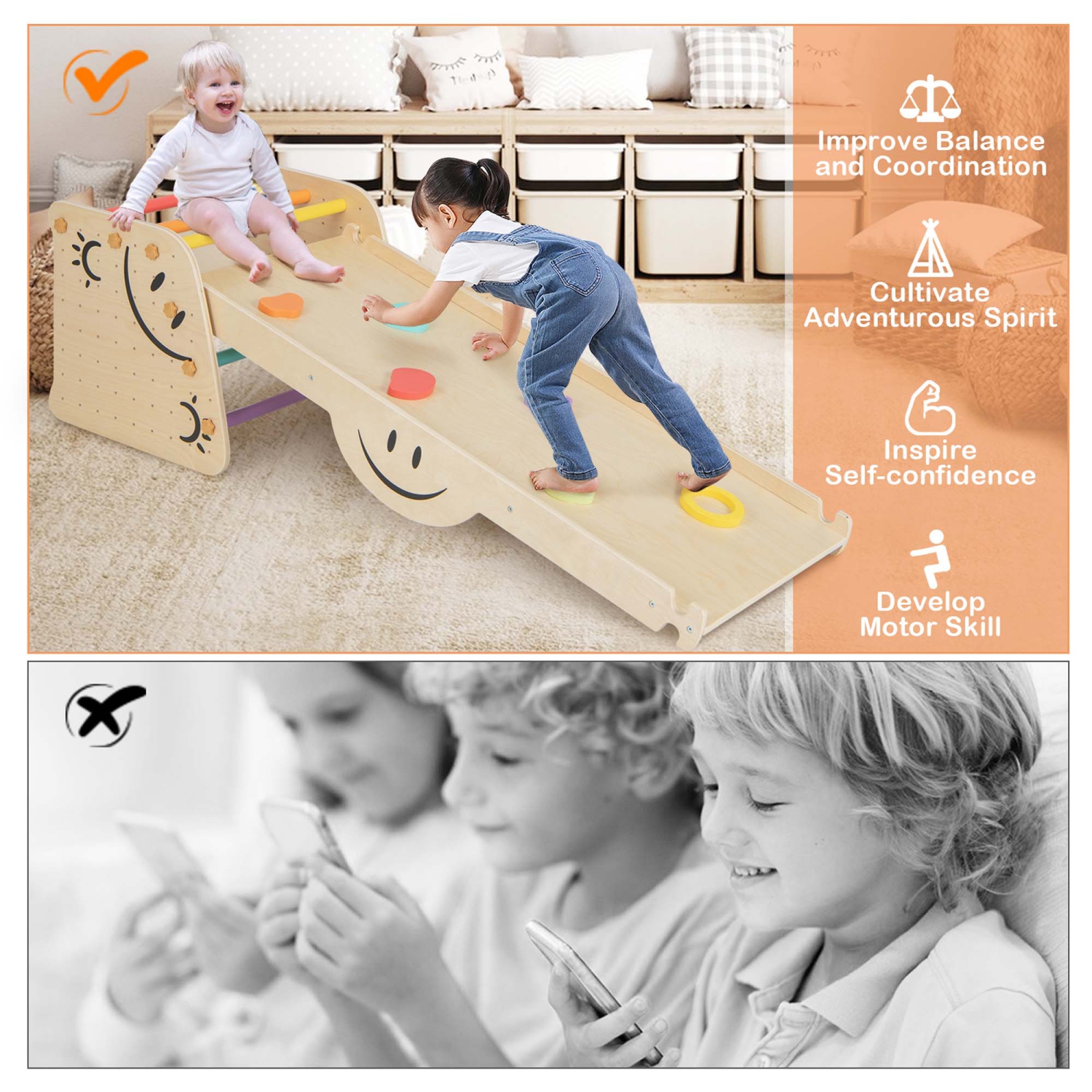 Ensemble de 2 jouets d'escalade en bois avec rampe intérieure double face de Costway