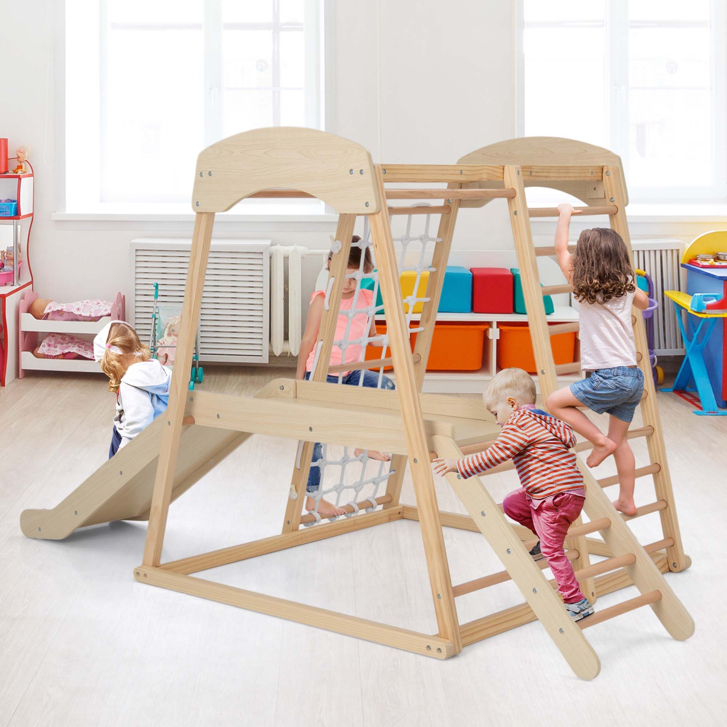 Ensemble de jeu d'escalade intérieur en bois 6-en-1 Jungle Gym de Costway pour enfants de 1 ans et plus