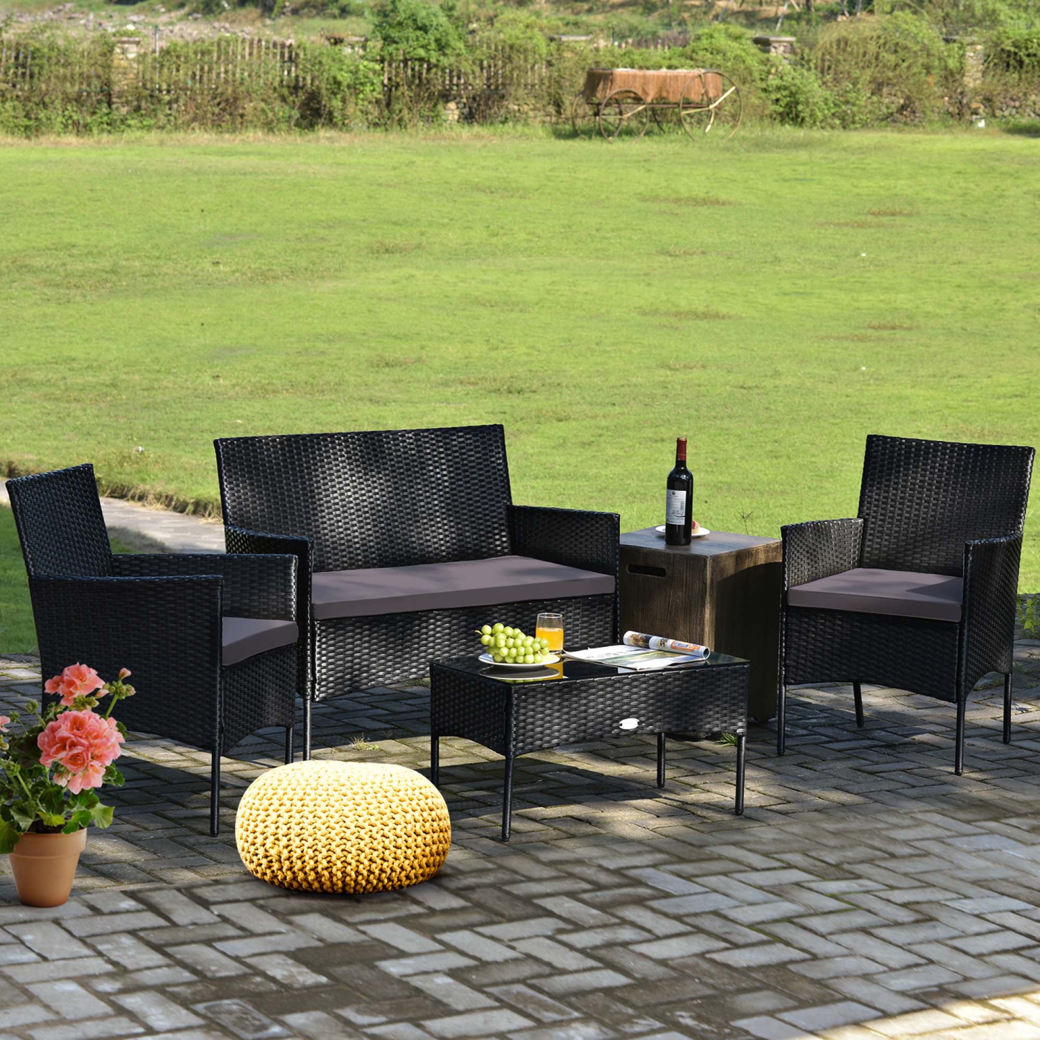 Costway 4PCS Patio Rattan Furniture Set Cushioned Sofa Coffee Table Backyard