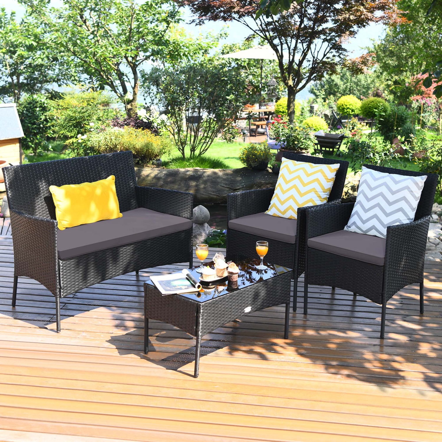 Costway 4PCS Patio Rattan Furniture Set Cushioned Sofa Coffee Table Backyard