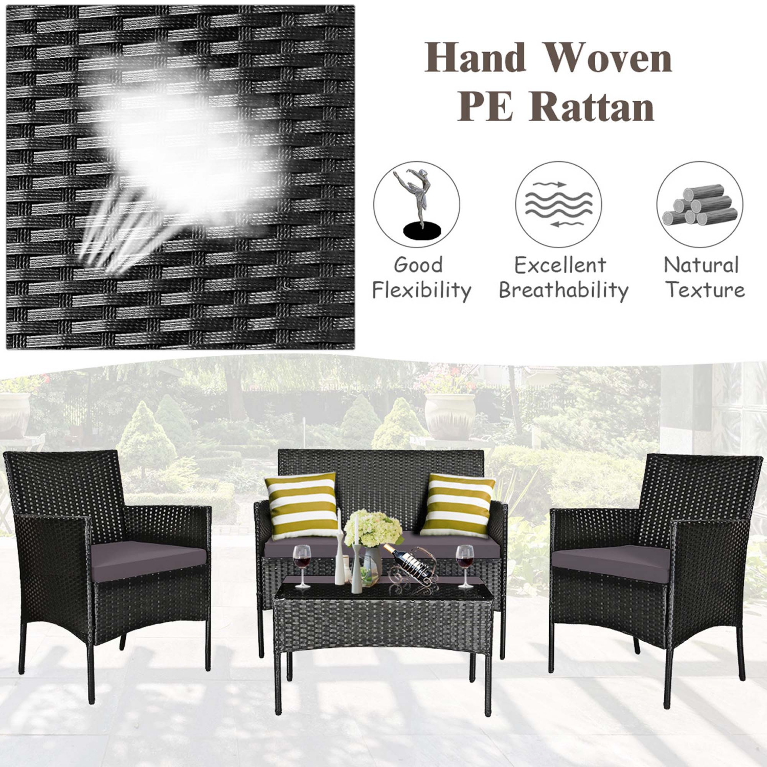 Costway 4PCS Patio Rattan Furniture Set Cushioned Sofa Coffee Table Backyard