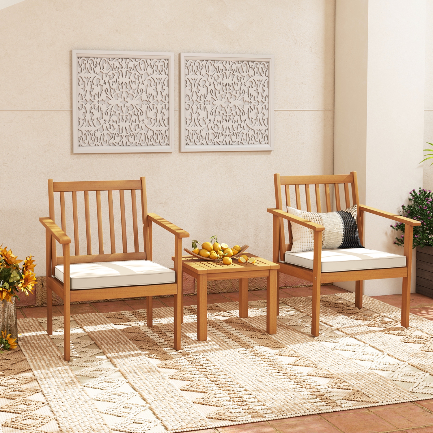 Costway 3 PCS Patio Wood Furniture Set Acacia Wood Chairs & Coffee Table with soft Cushions