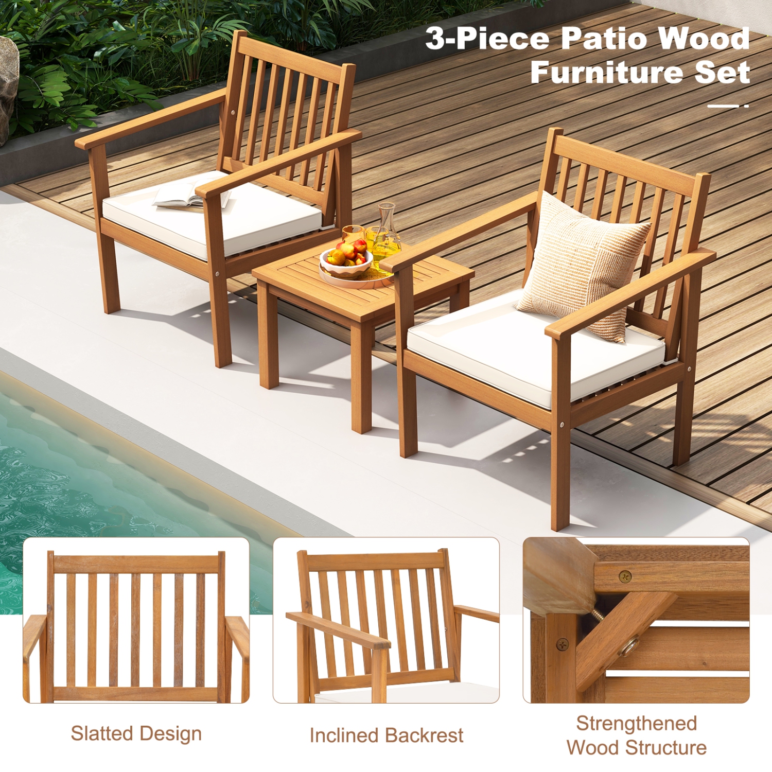 Costway 3 PCS Patio Wood Furniture Set Acacia Wood Chairs & Coffee Table with soft Cushions