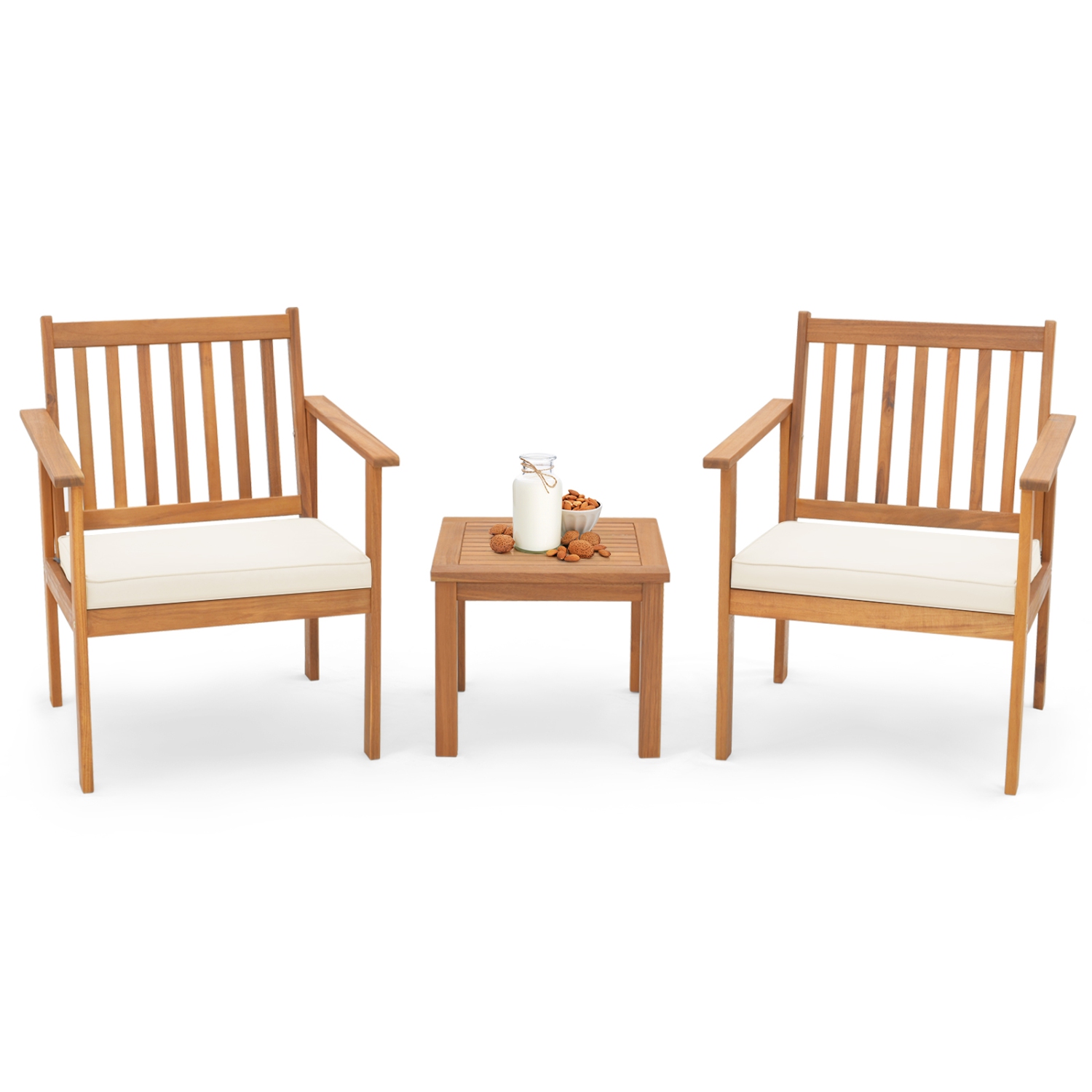 Costway 3 PCS Patio Wood Furniture Set Acacia Wood Chairs & Coffee Table with soft Cushions