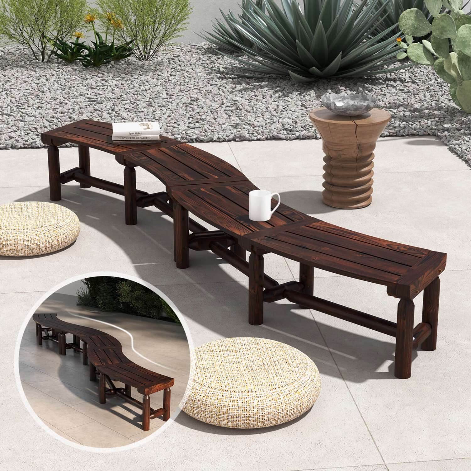 Costway Patio Curved Bench Carbonized Wood Dining Bench for Round Table 710 LBS Max Load