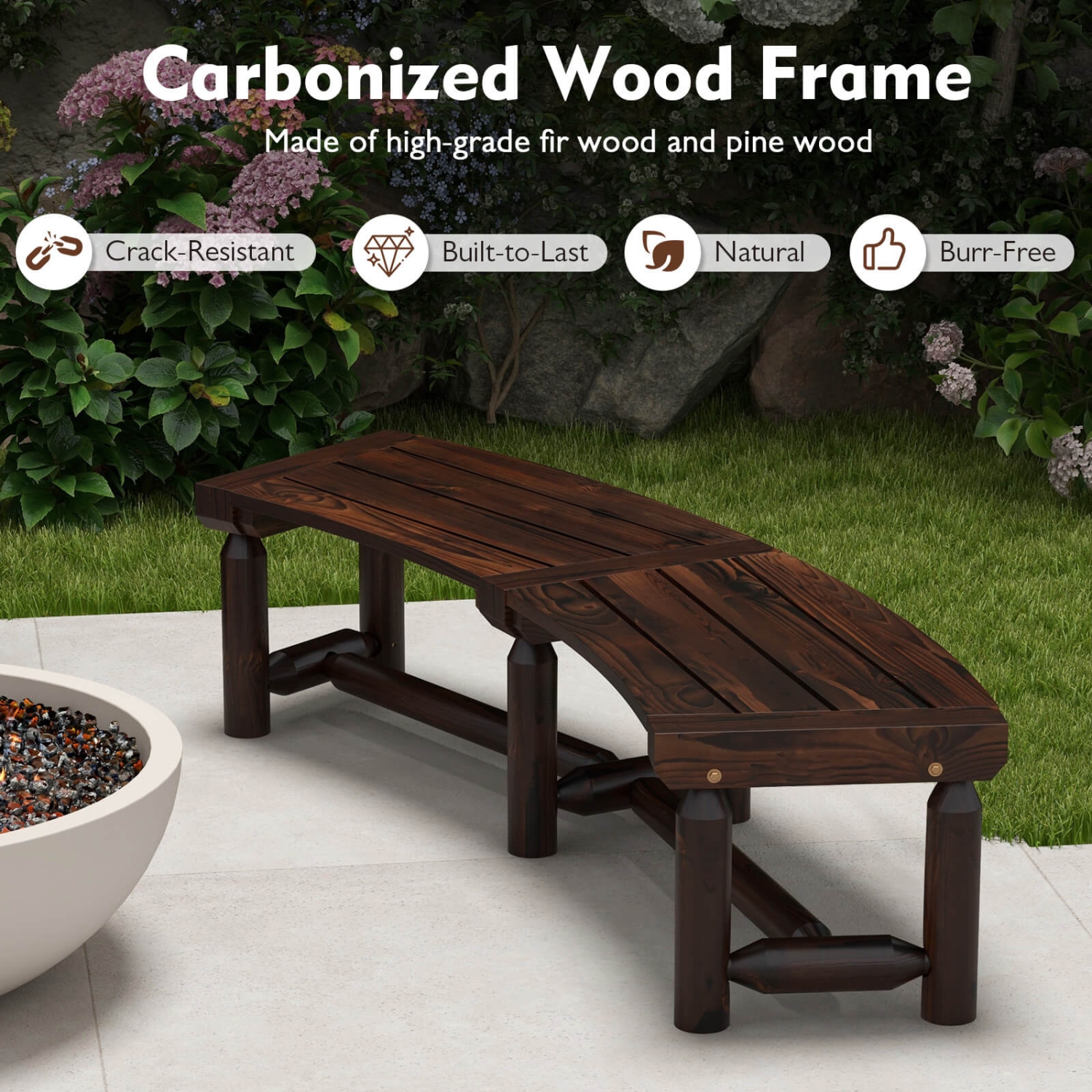 Costway Patio Curved Bench Carbonized Wood Dining Bench for Round Table 710 LBS Max Load