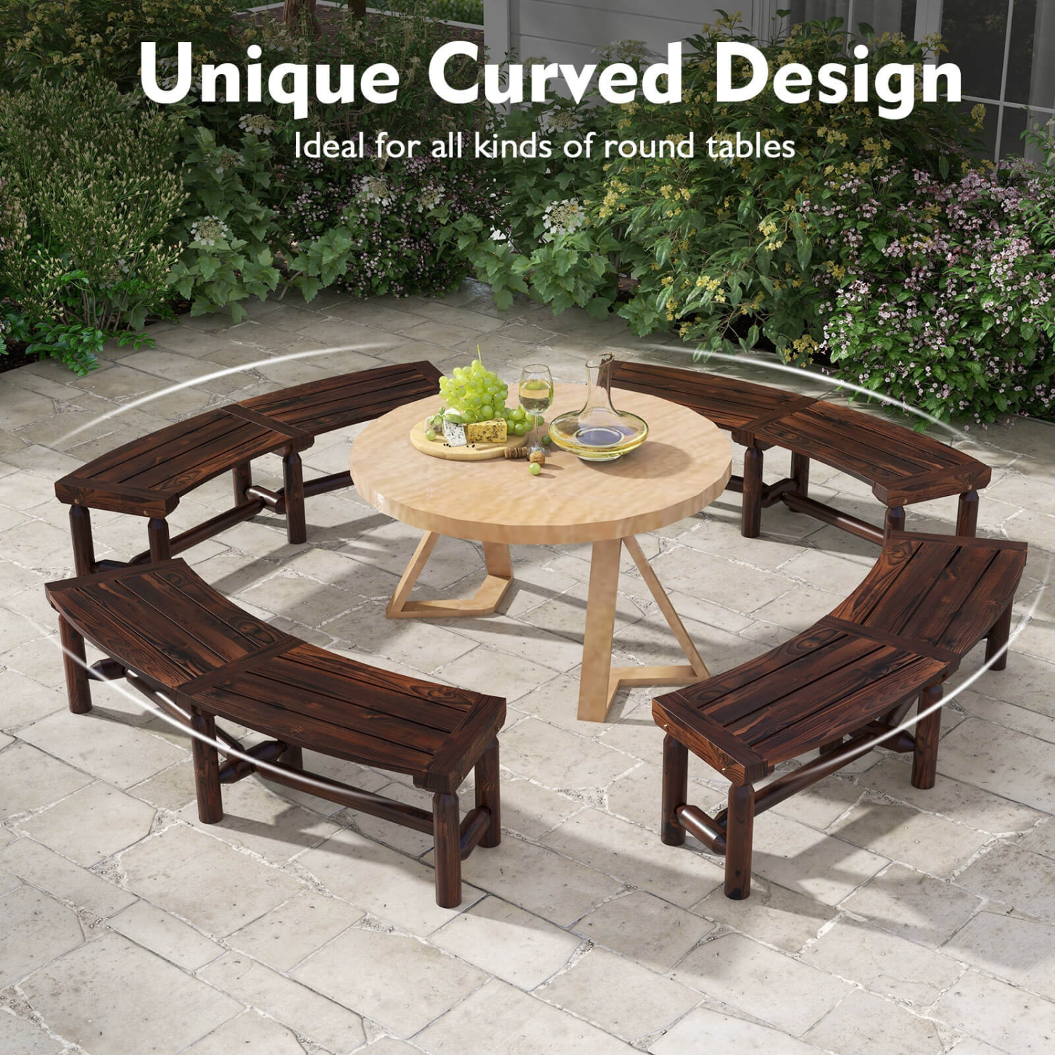 Costway Patio Curved Bench Carbonized Wood Dining Bench for Round Table 710 LBS Max Load