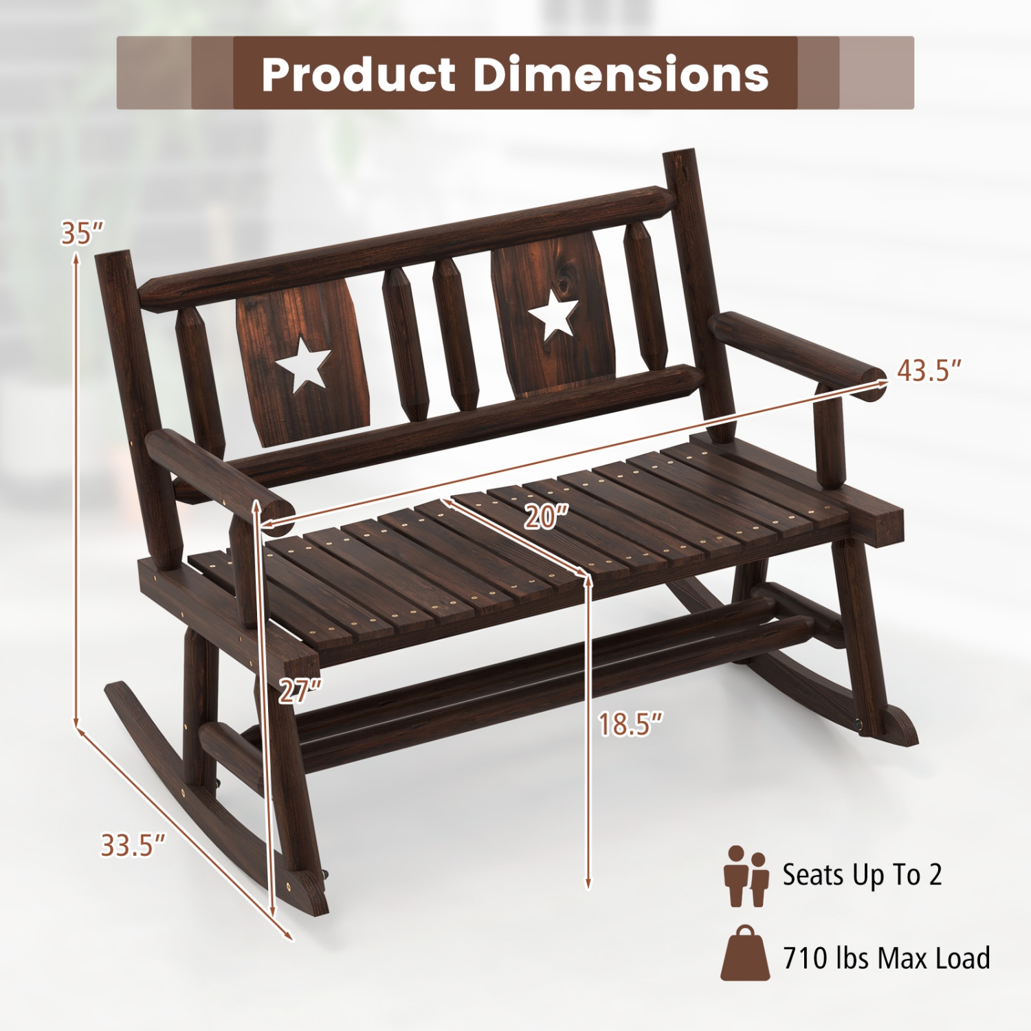 Costway 1 PC Patio Rocking Bench Carbonized Wood Double Rocker Chair with Ergonomic Seat Rustic