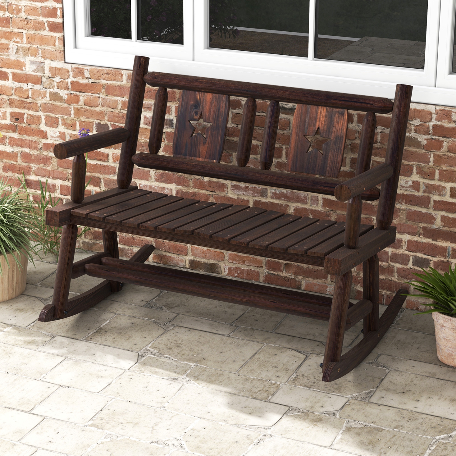 Costway 1 PC Patio Rocking Bench Carbonized Wood Double Rocker Chair with Ergonomic Seat Rustic
