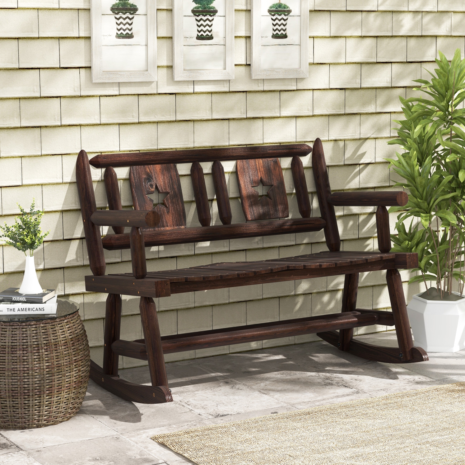 Costway 1 PC Patio Rocking Bench Carbonized Wood Double Rocker Chair with Ergonomic Seat Rustic
