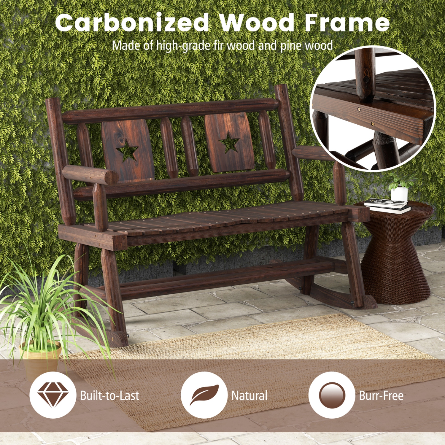 Costway 1 PC Patio Rocking Bench Carbonized Wood Double Rocker Chair with Ergonomic Seat Rustic