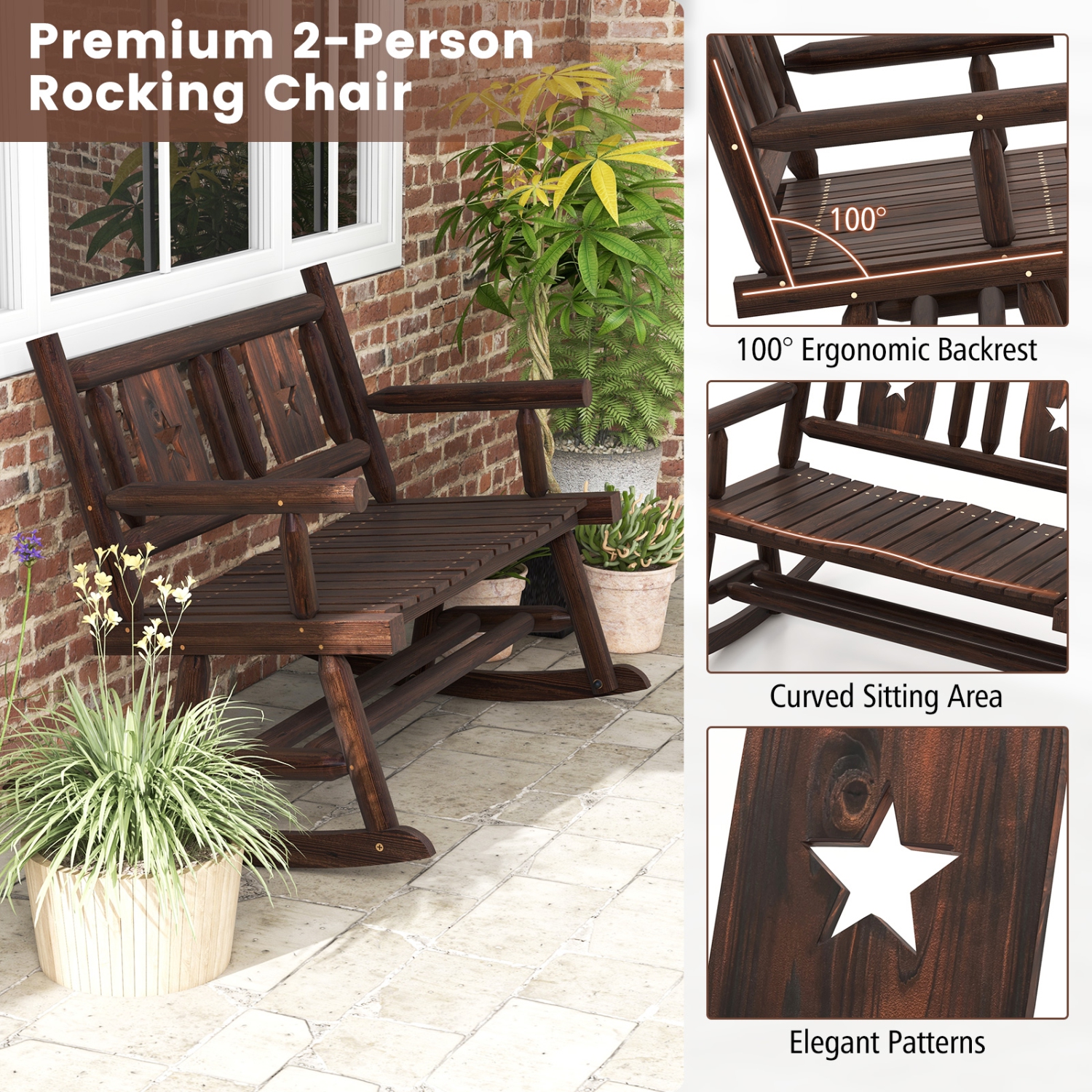 Costway 1 PC Patio Rocking Bench Carbonized Wood Double Rocker Chair with Ergonomic Seat Rustic