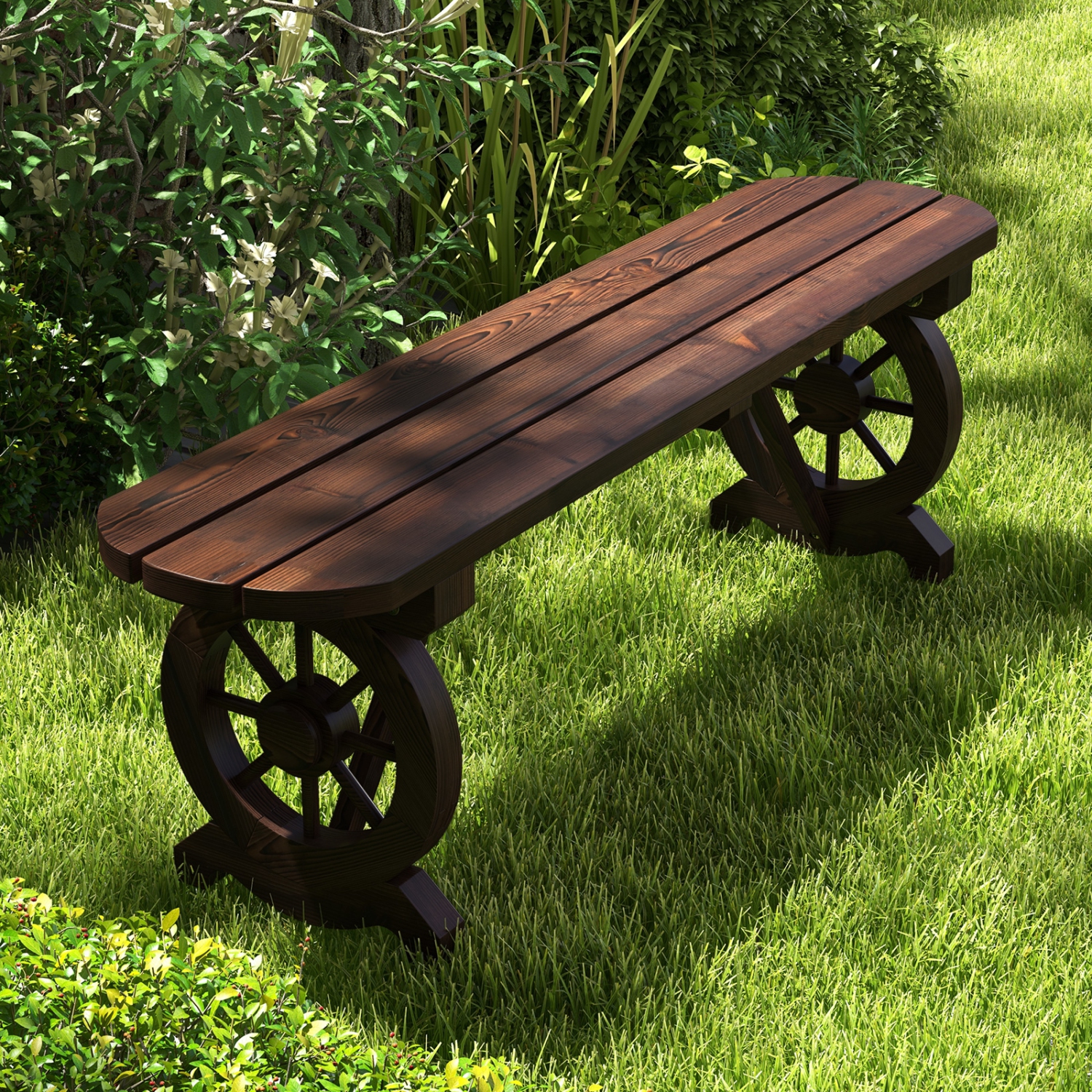 Costway Patio Rustic Wood Bench with Wagon Wheel Base Slatted Seat Design 710 LBS Max Load