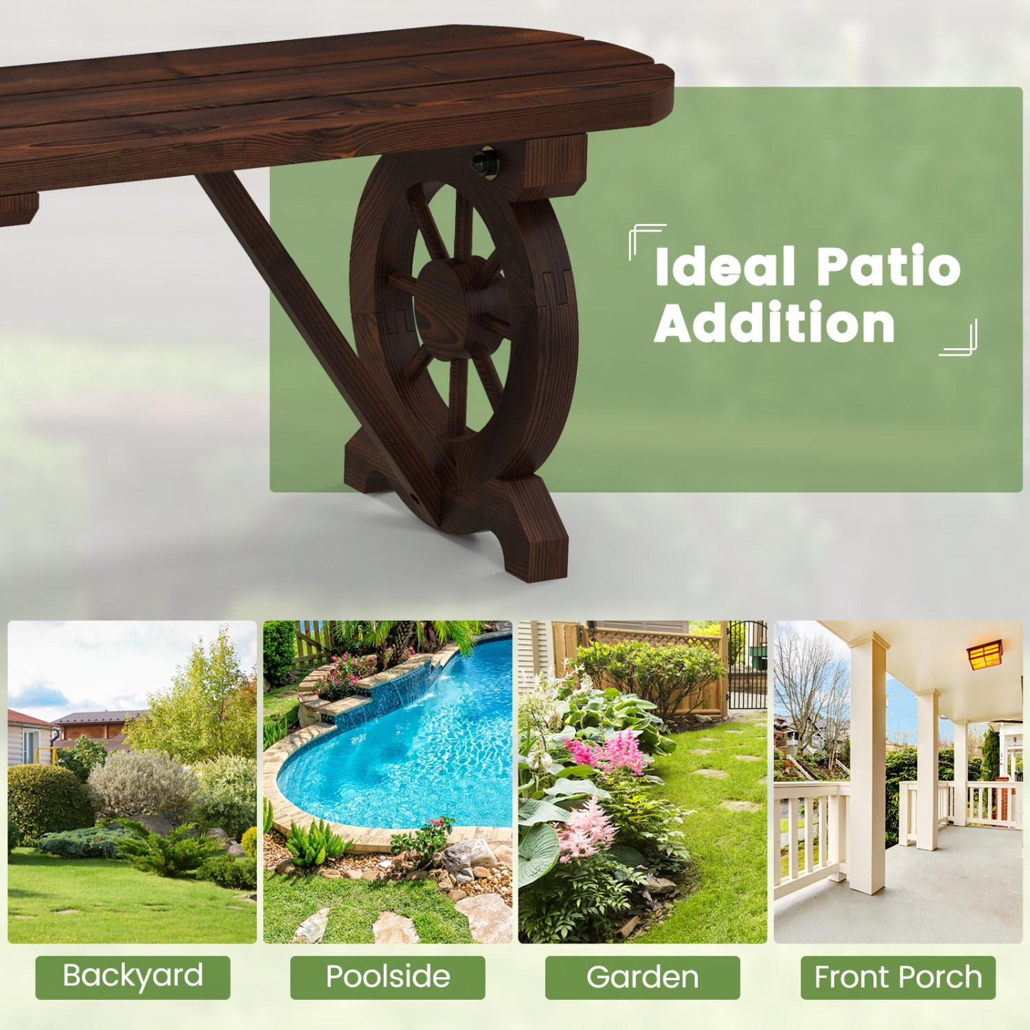 Costway Patio Rustic Wood Bench with Wagon Wheel Base Slatted Seat Design 710 LBS Max Load