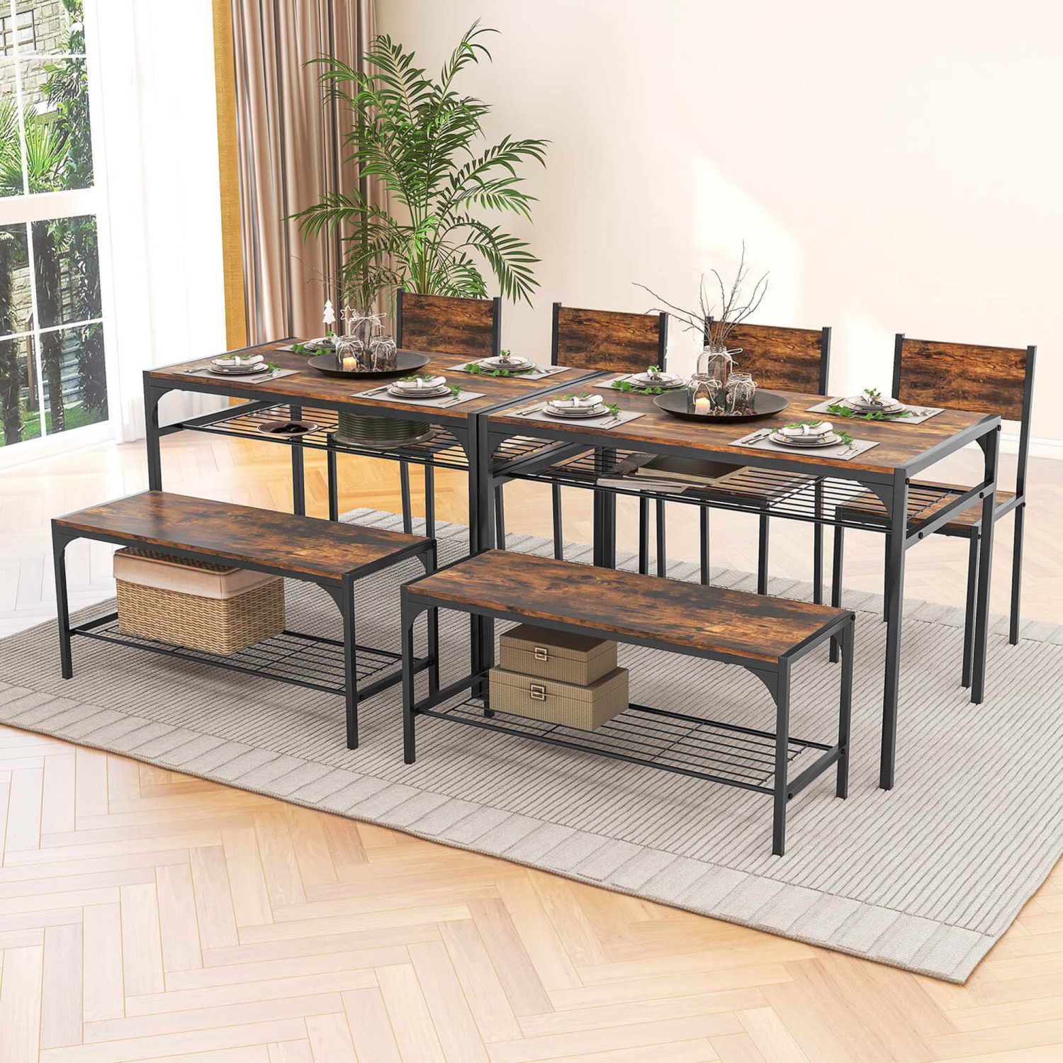 Costway Dining Table Set for 4 Rectangular Table with 2 Chairs, 1 Bench, Storage Racks Rustic
