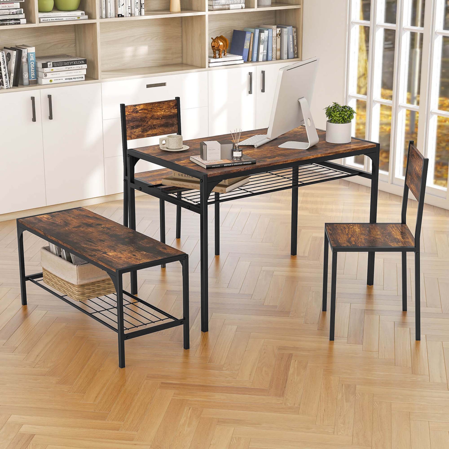 Costway Dining Table Set for 4 Rectangular Table with 2 Chairs, 1 Bench, Storage Racks Rustic