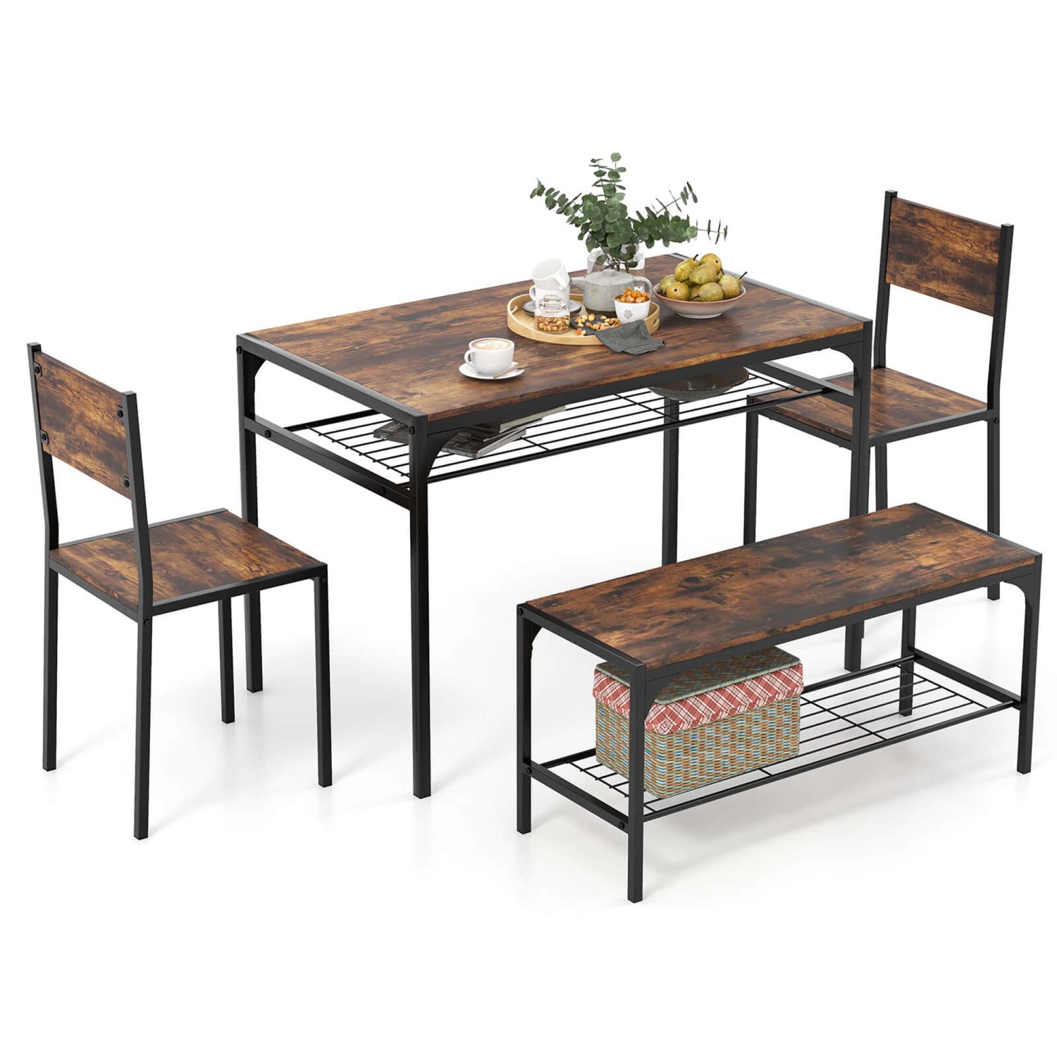 Costway Dining Table Set for 4 Rectangular Table with 2 Chairs, 1 Bench, Storage Racks Rustic