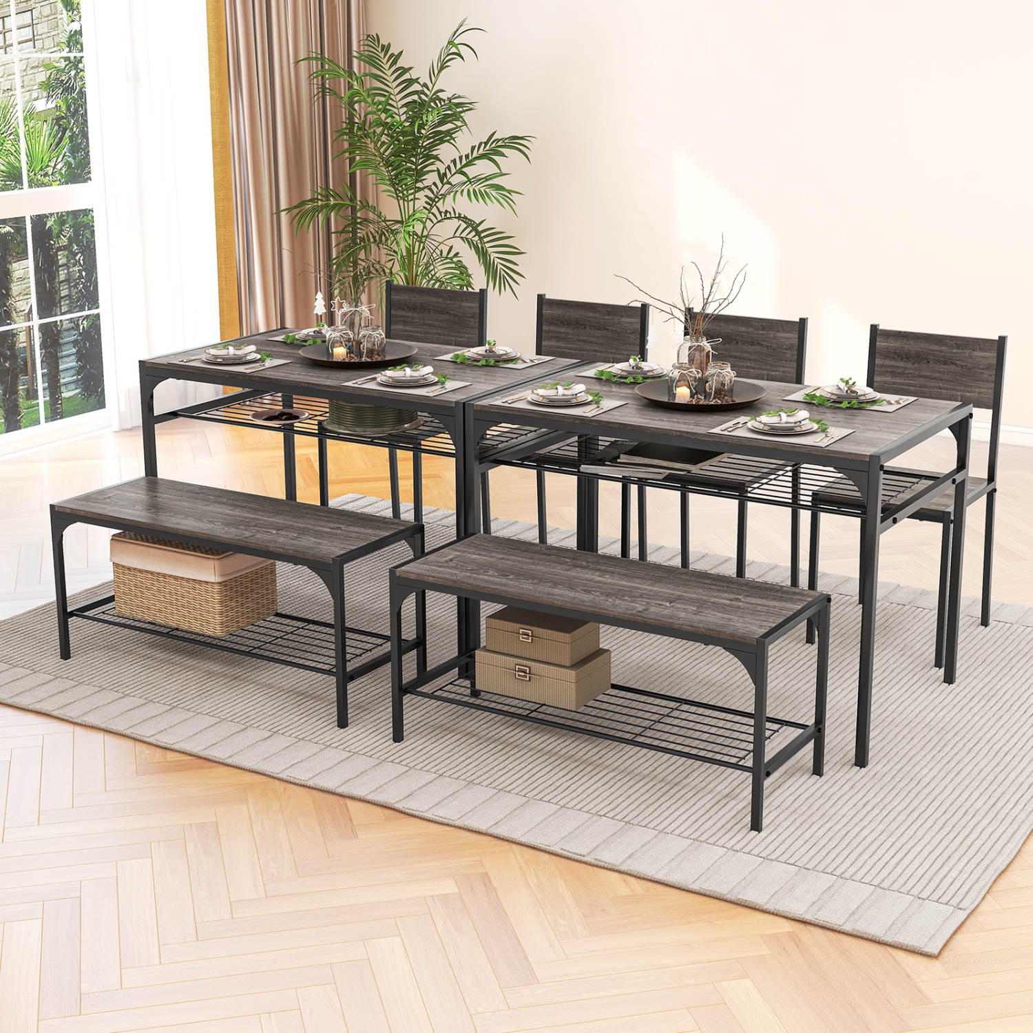 Costway – Ensemble de table de salle à manger pour table rectangulaire 4 avec 2 chaises, 1 banc, supports de rangement rustiques