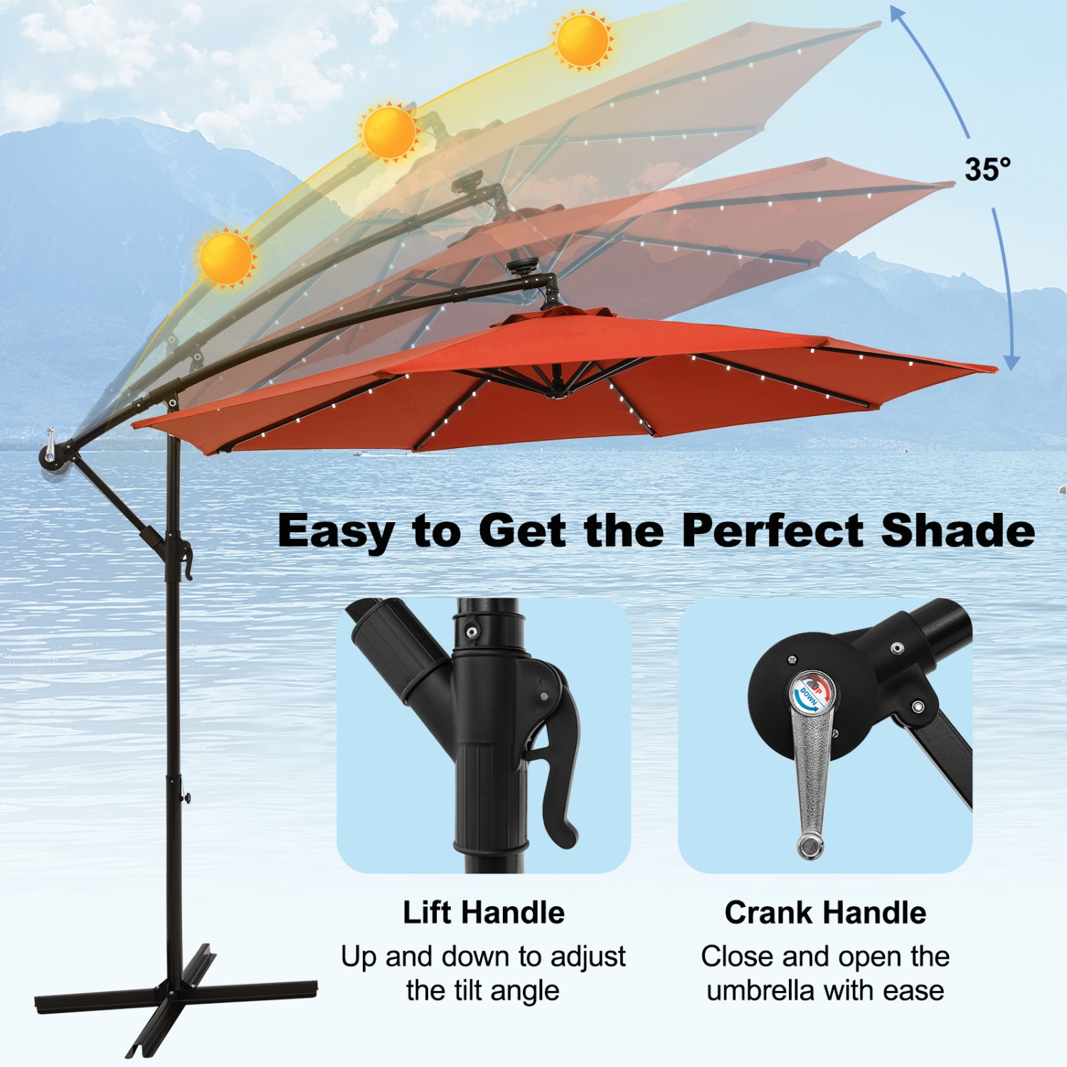 Costway 10 Ft Patio Solar LED Offset Umbrella 40 Lights Crank Cross Base