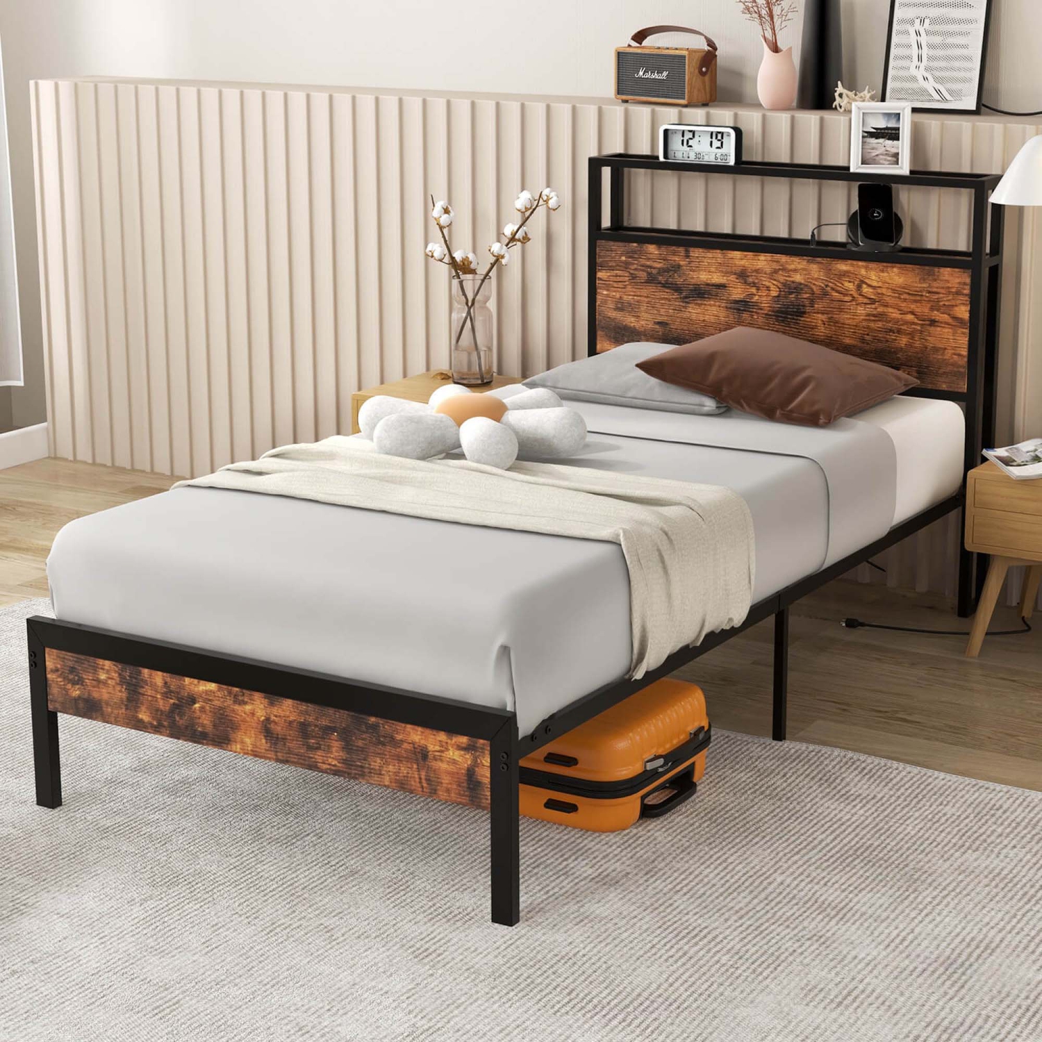 Costway Twin Bed Frame with Storage Headboard Charging Station 18W USB C Port Rustic Brown