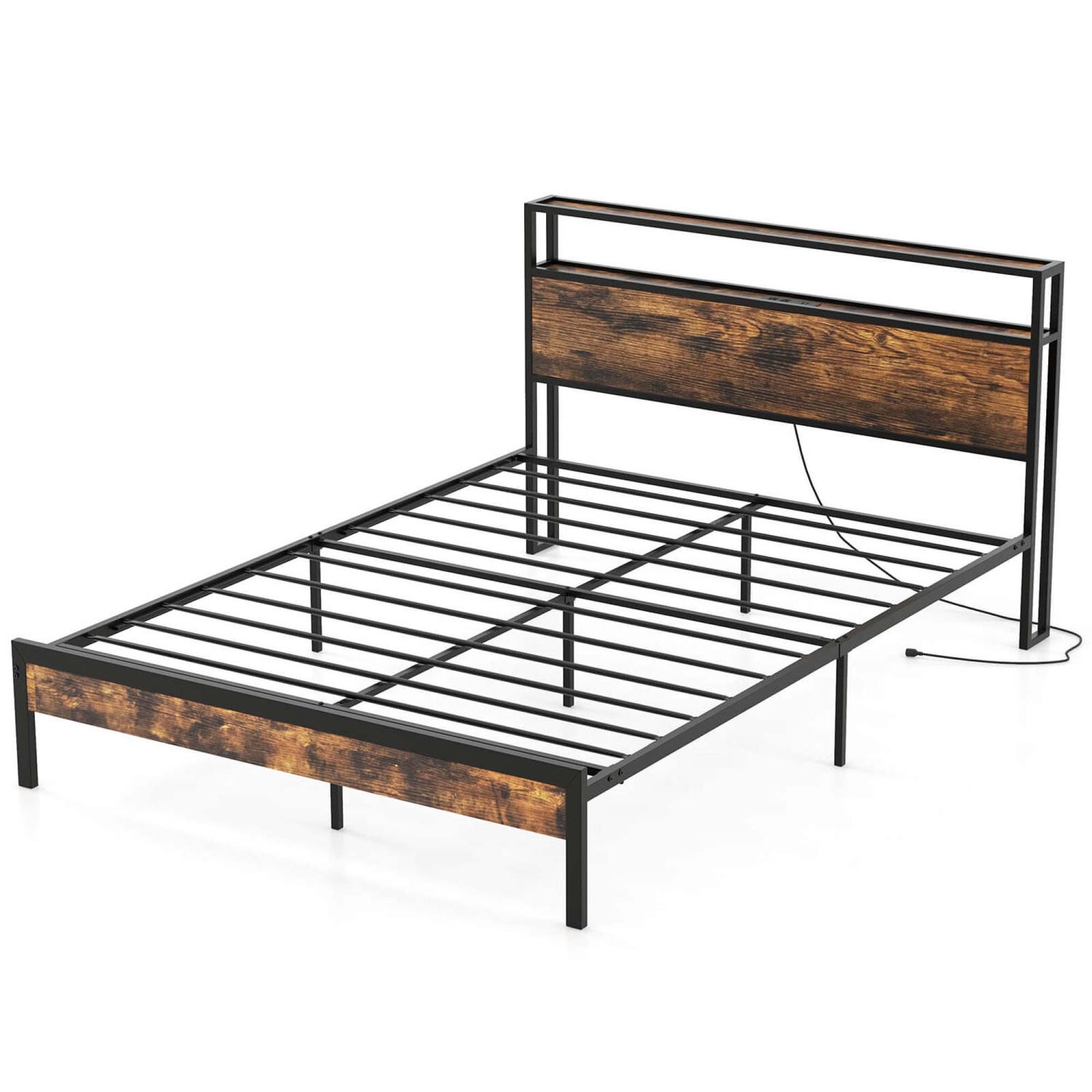 Costway Queen Bed Frame with Storage Headboard Charging Station 18W USB C Port Rustic Brown