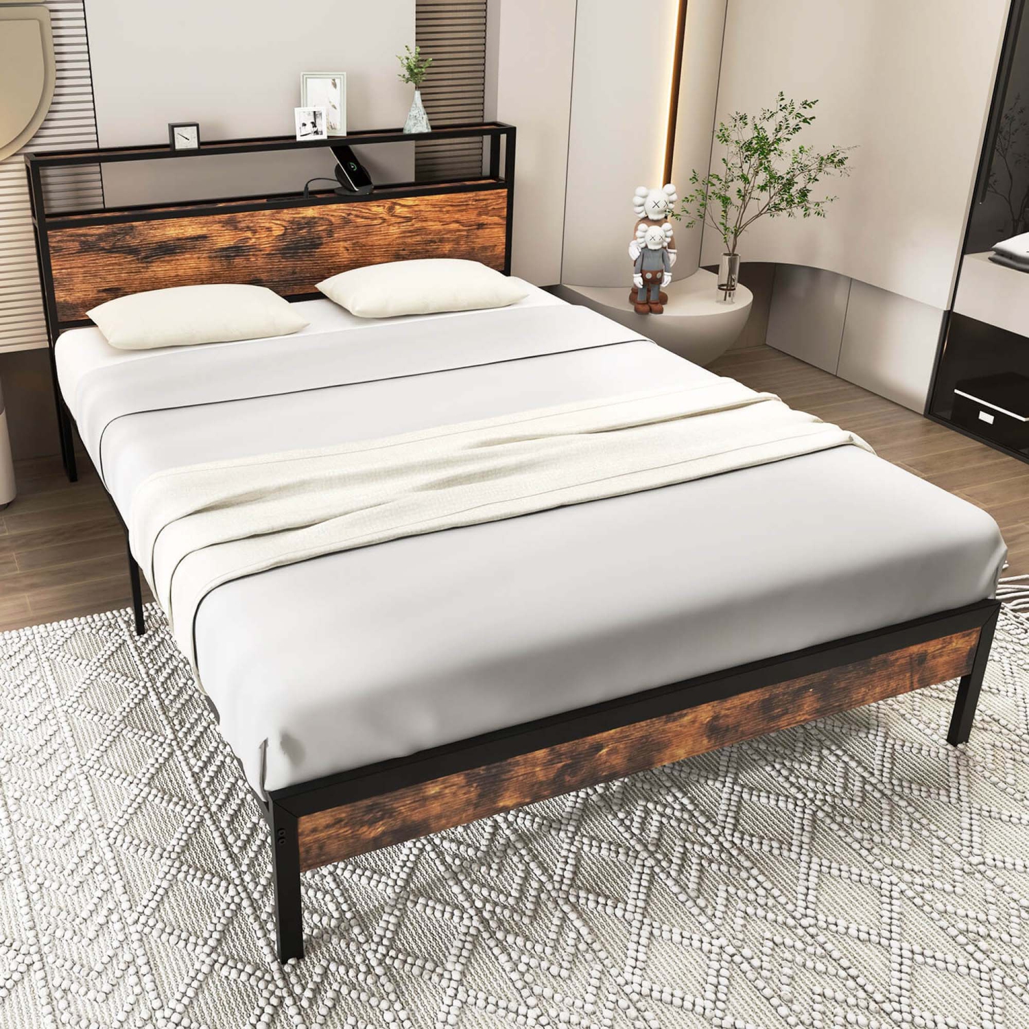 Costway Queen Bed Frame with Storage Headboard Charging Station 18W USB C Port Rustic Brown
