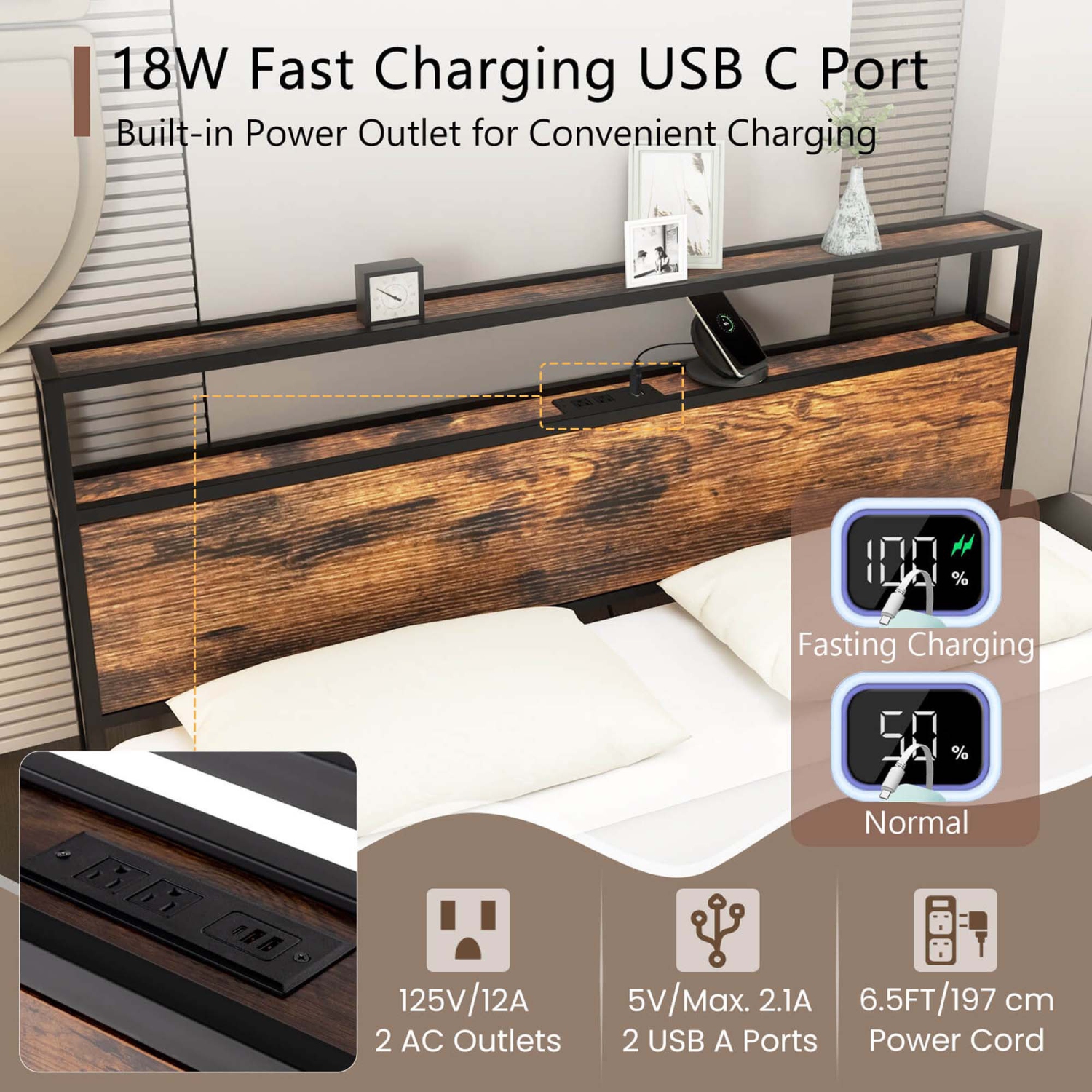 Costway Queen Bed Frame with Storage Headboard Charging Station 18W USB C Port Rustic Brown