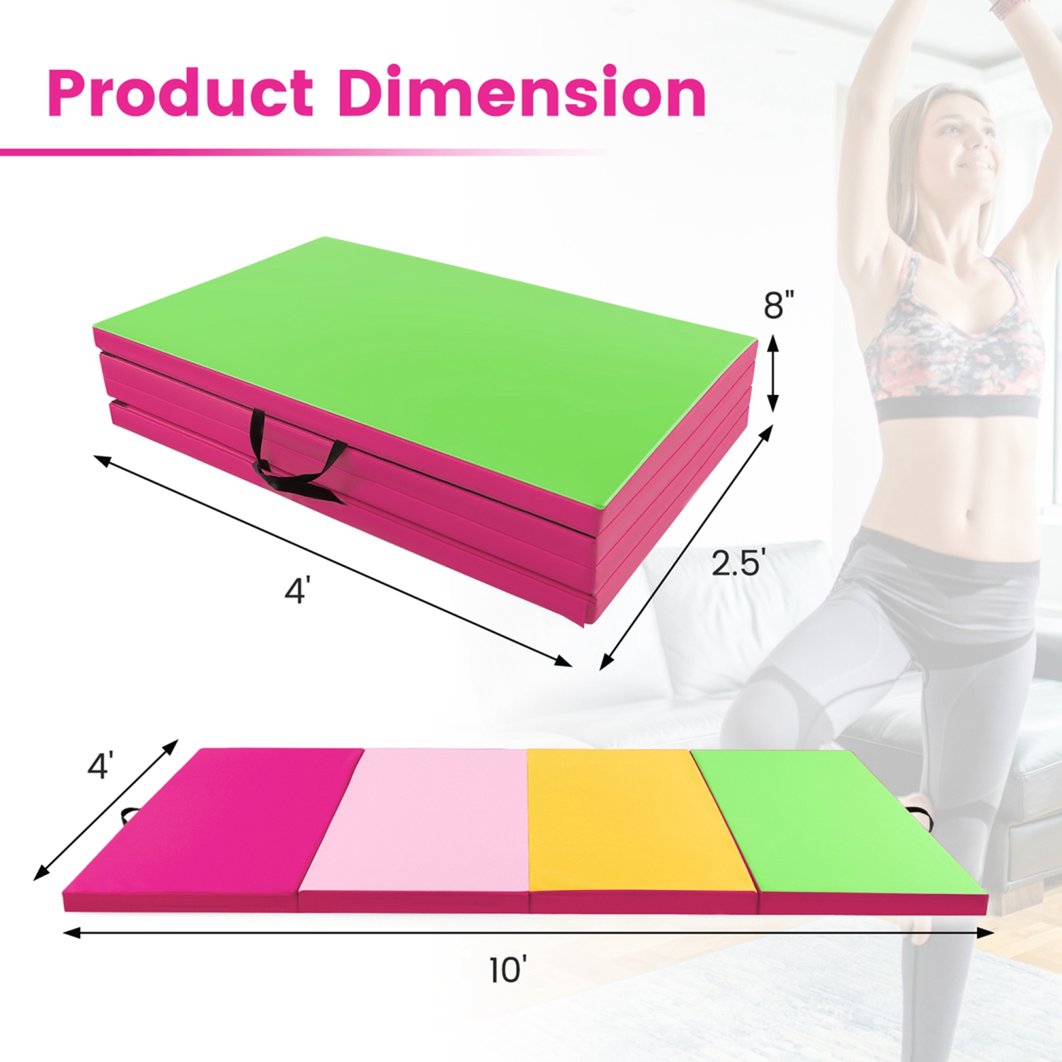 Costway 10' x 4' x 2" 4-Panel Folding Exercise Mat with Carrying Handles for Gym Yoga