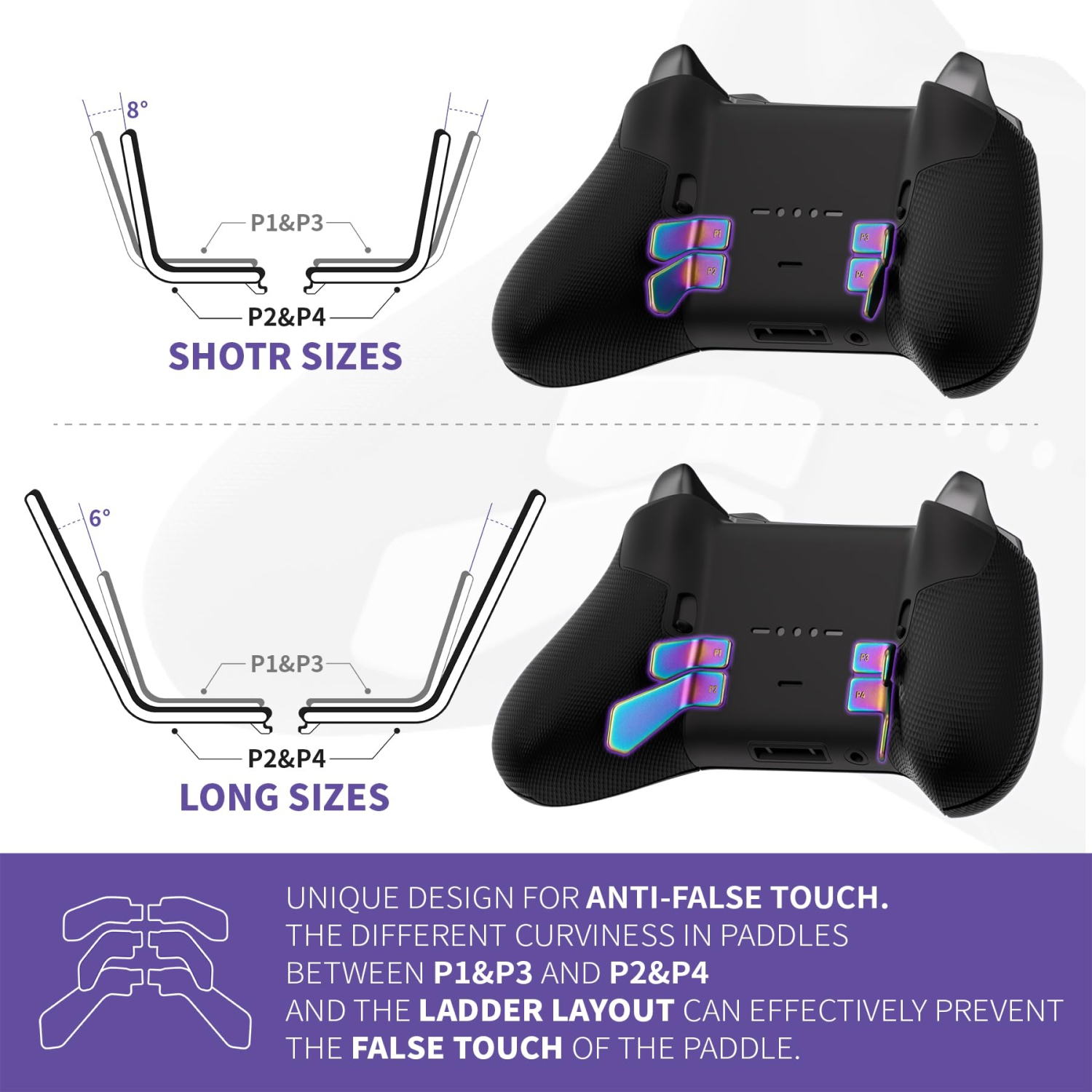 Palettes pour manette Xbox Elite 1/2, 6-en-1 Metallic Rainbow aura Bleu et violet de remplacement, palettes arrière interchangeables pour manette