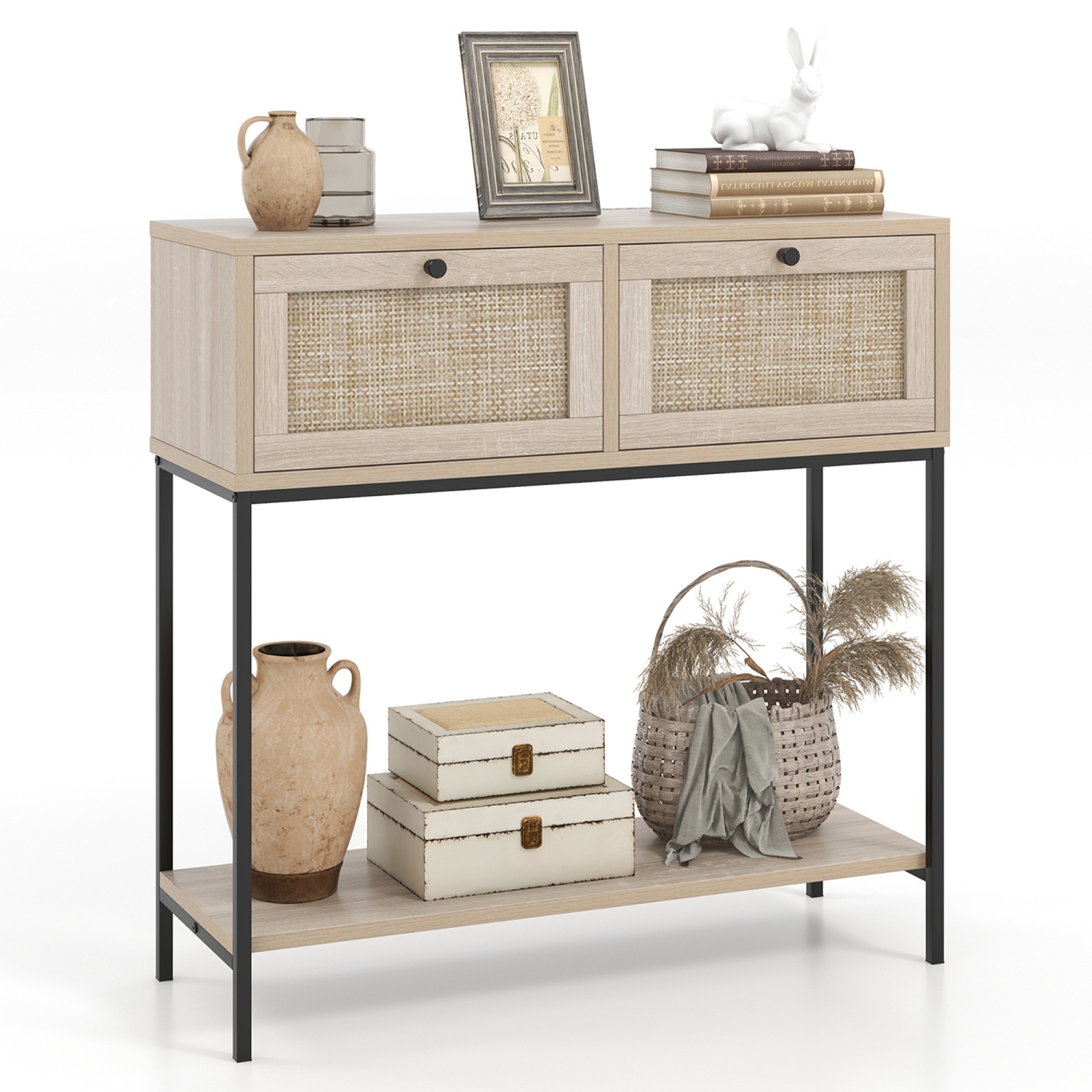 Costway Rattan Console Table with 2 Rattan Drawers & Open Storage Shelf Metal Legs Oak