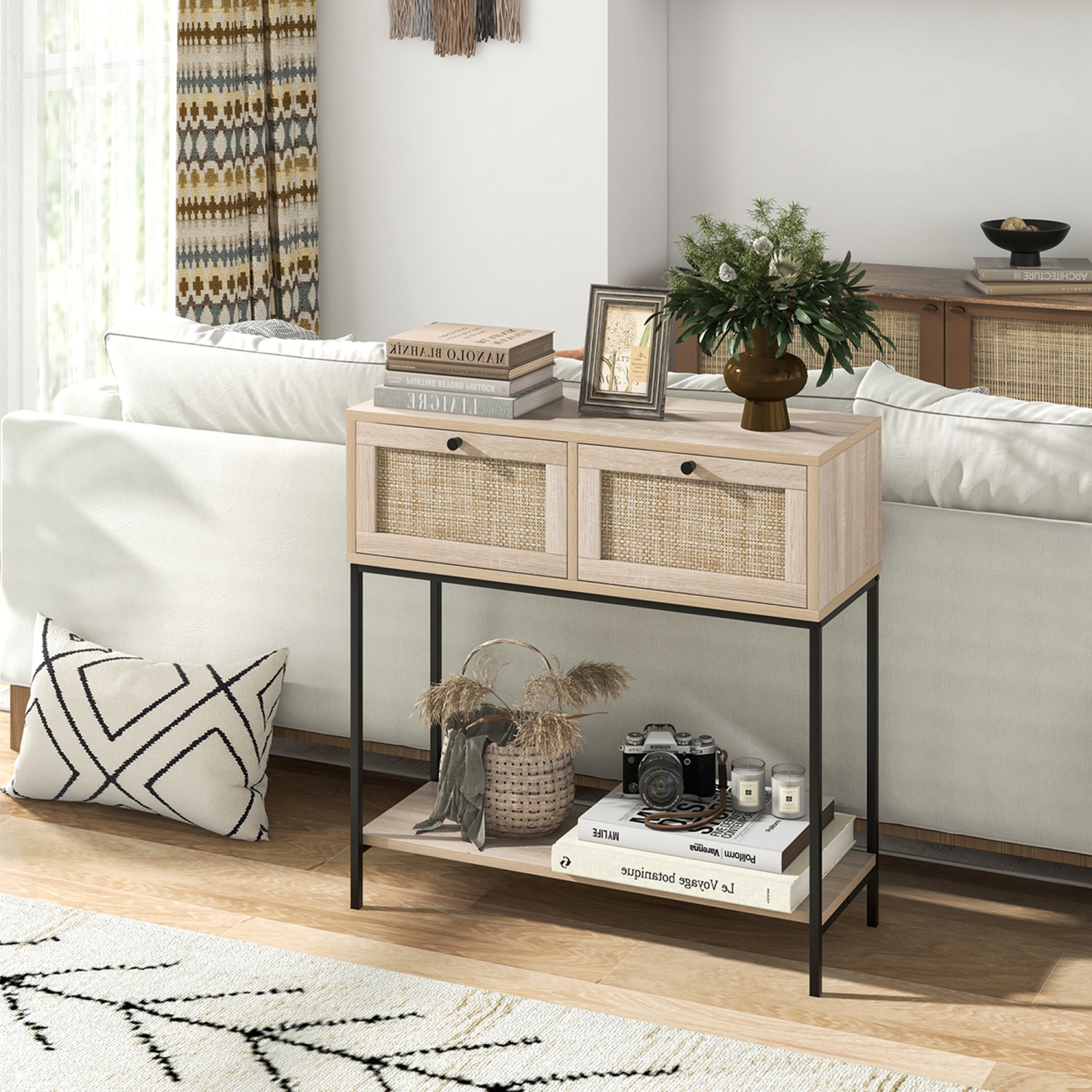 Costway Rattan Console Table with 2 Rattan Drawers & Open Storage Shelf Metal Legs Oak