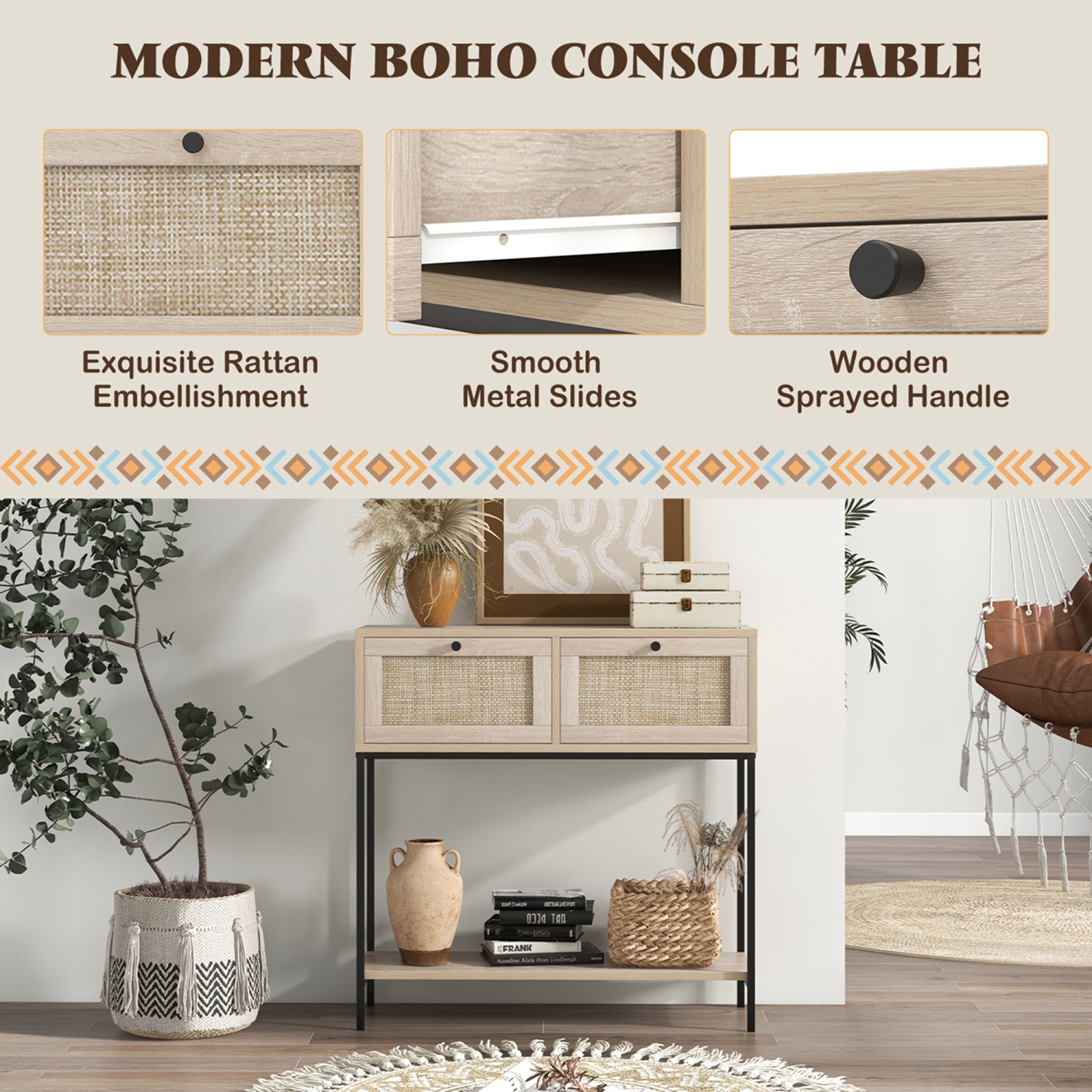 Costway Rattan Console Table with 2 Rattan Drawers & Open Storage Shelf Metal Legs Oak