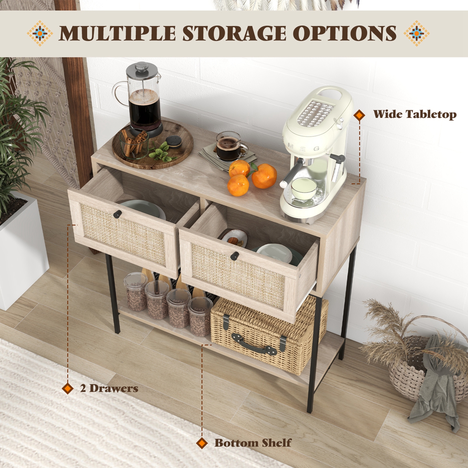 Costway Rattan Console Table with 2 Rattan Drawers & Open Storage Shelf Metal Legs Oak