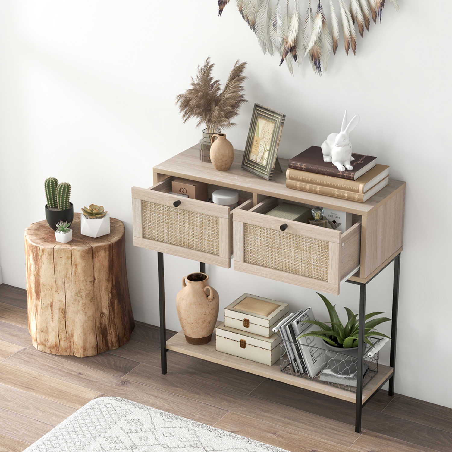 Costway Rattan Console Table with 2 Rattan Drawers & Open Storage Shelf Metal Legs Oak