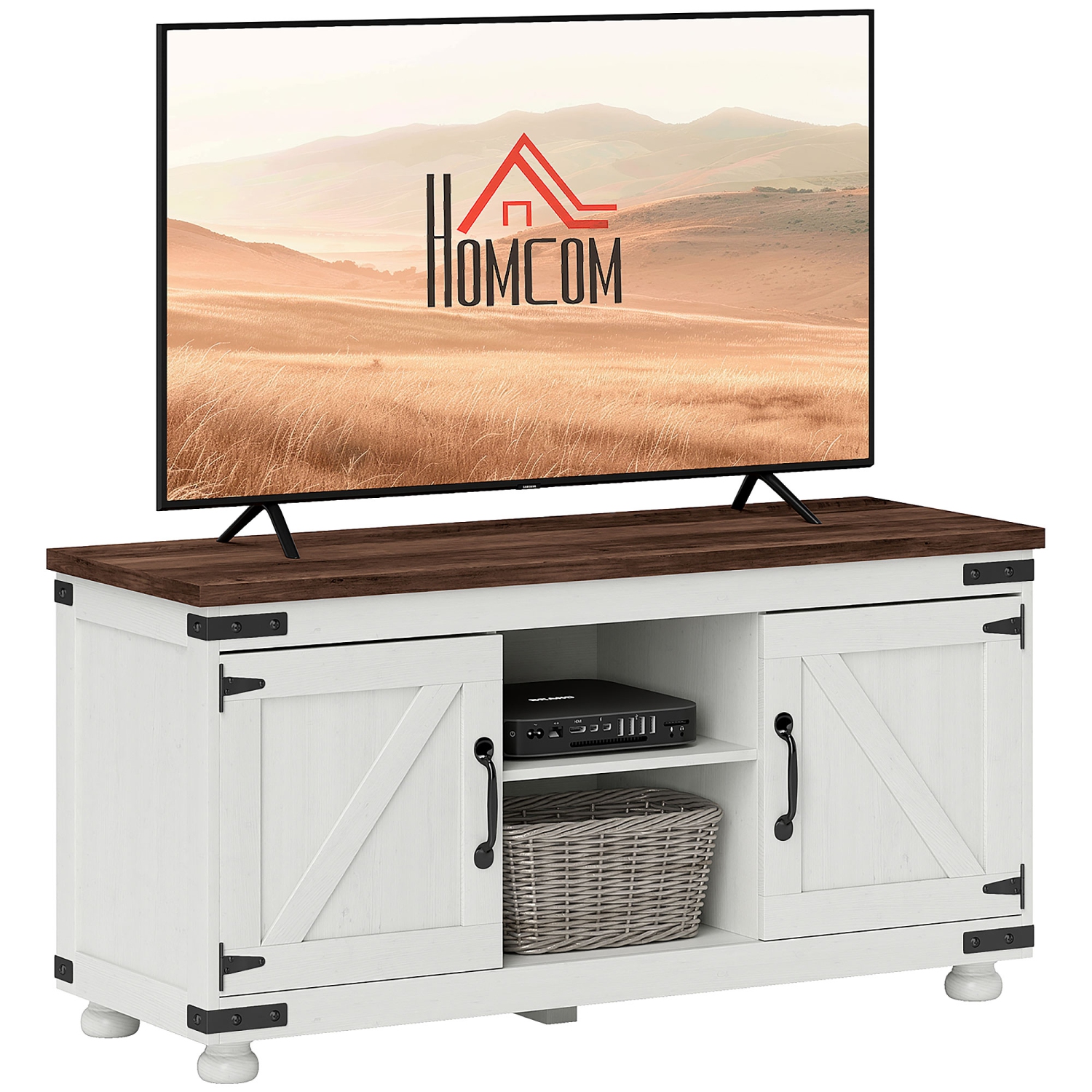 HOMCOM TV Stand for up to 50" TV, Modern Farmhouse Entertainment Center with 2 Cable Holes, TV Console Table with 2 Adjustable Shelves for Living