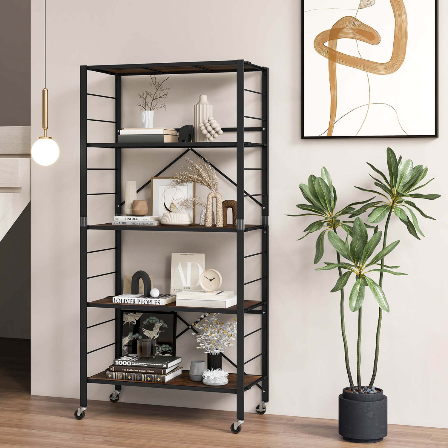 Costway 5-Tier Folding Shelf Free DIY Design Shelving Unit with 4 Universal Wheels Kitchen