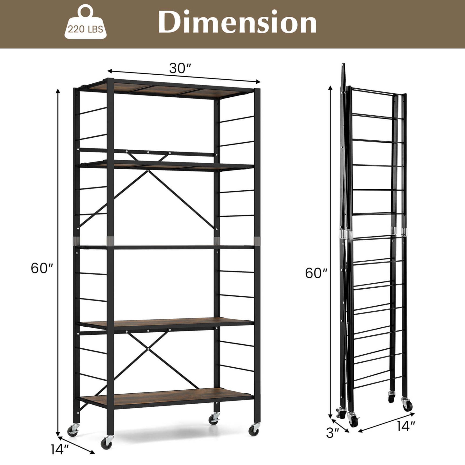 Costway 5-Tier Folding Shelf Free DIY Design Shelving Unit with 4 Universal Wheels Kitchen