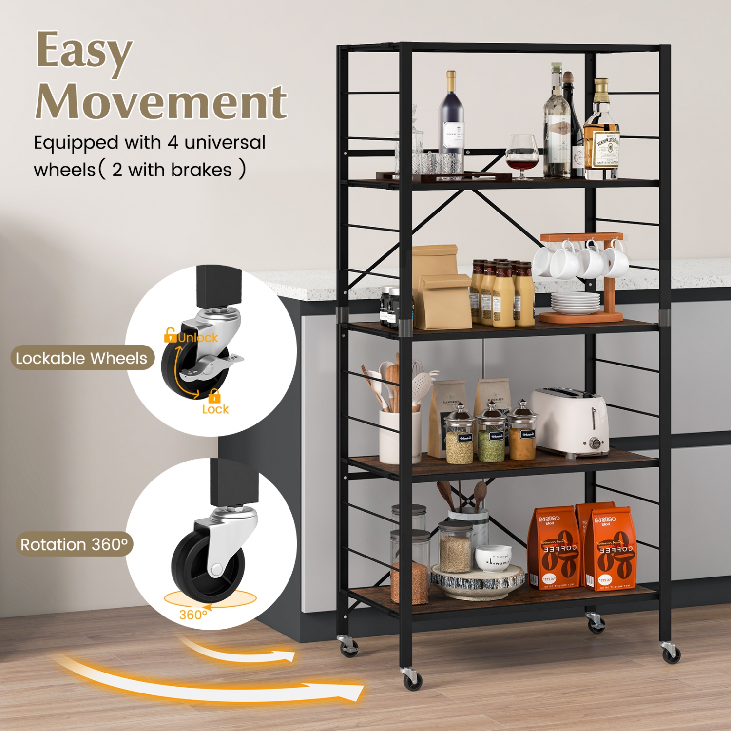 Costway 5-Tier Folding Shelf Free DIY Design Shelving Unit with 4 Universal Wheels Kitchen
