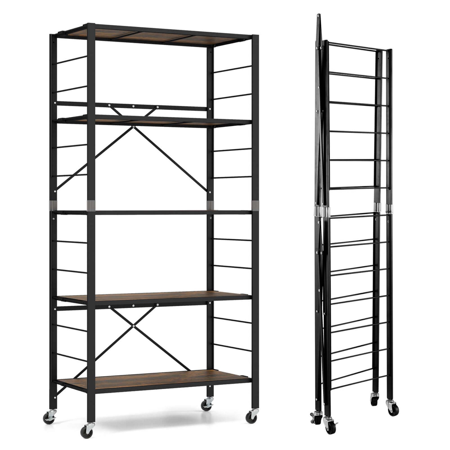 Costway 5-Tier Folding Shelf Free DIY Design Shelving Unit with 4 Universal Wheels Kitchen