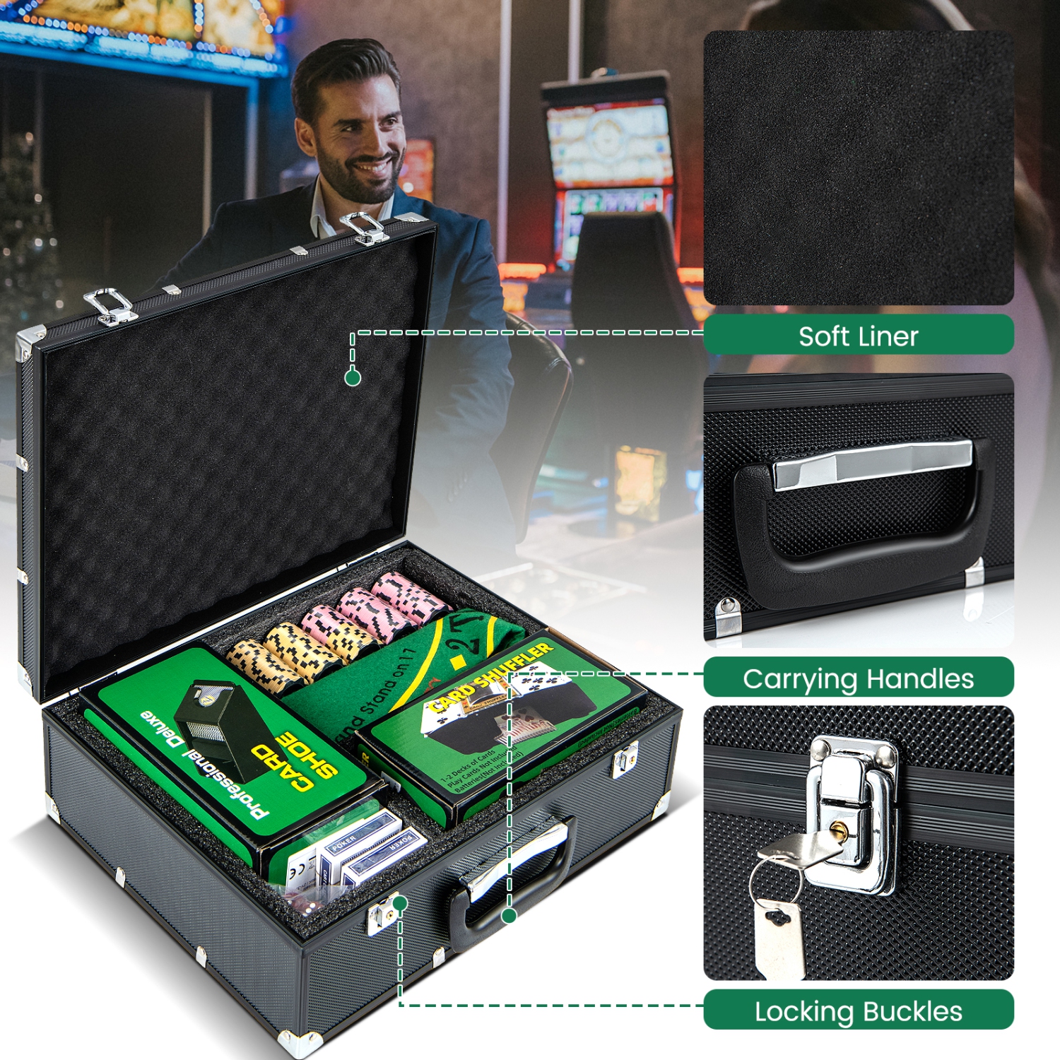 Costway 300 Pieces Casino Poker Chip Set 14 Gram Poker Chips with Automatic Card Shuffler