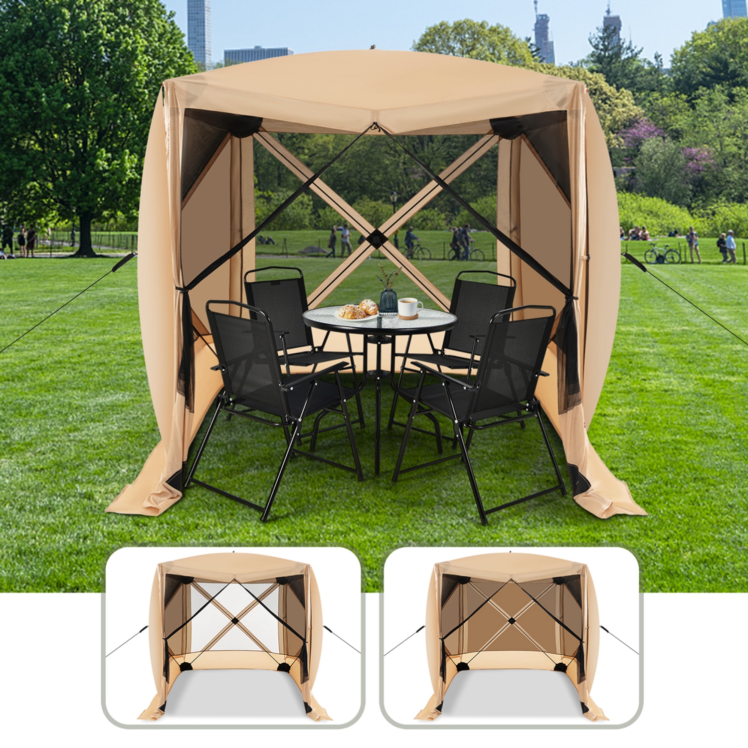 Costway 6.7 FT x 6.7 FT 4-Panel Pop up Camping Gazebo Quick-Set with 2 Sunshade Cloths